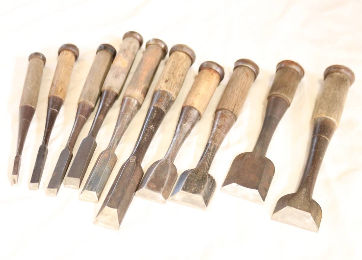 Japanese Vintage Wood Chisels Nomi 10pc Set 6mm-42mm Carpentry Tools USED