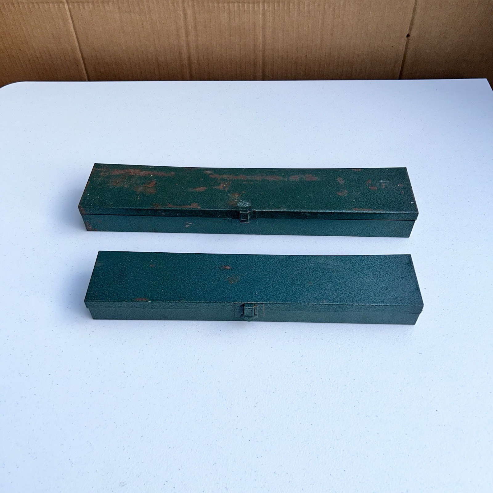 set of (2) Vintage 17″ 15″ Green Metal Socket & Ratchet Storage Box With Insert