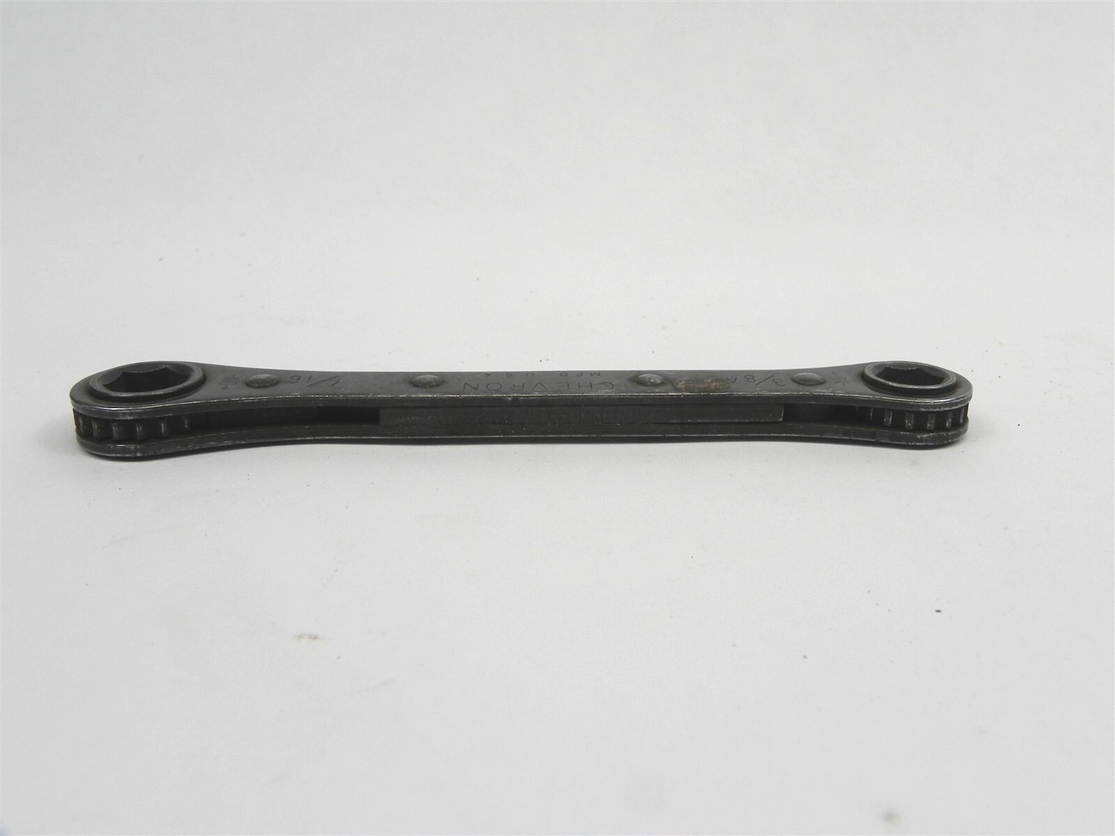 VINTAGE USED CHEVRON RATCHET WRENCH 3/8 INCHES BY 7/16 INCHES WITH USAGE WEAR