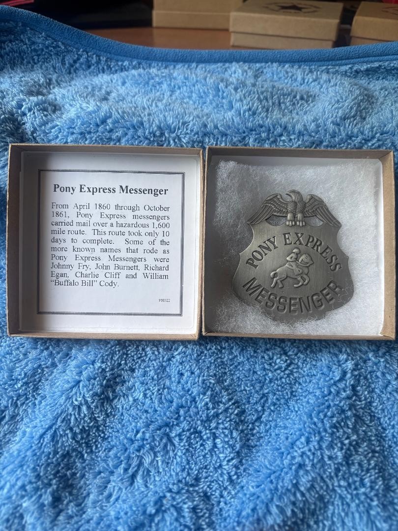 Old Western REPLICA REPRODUCTION of Pony Express Messenger Badge- Boxed