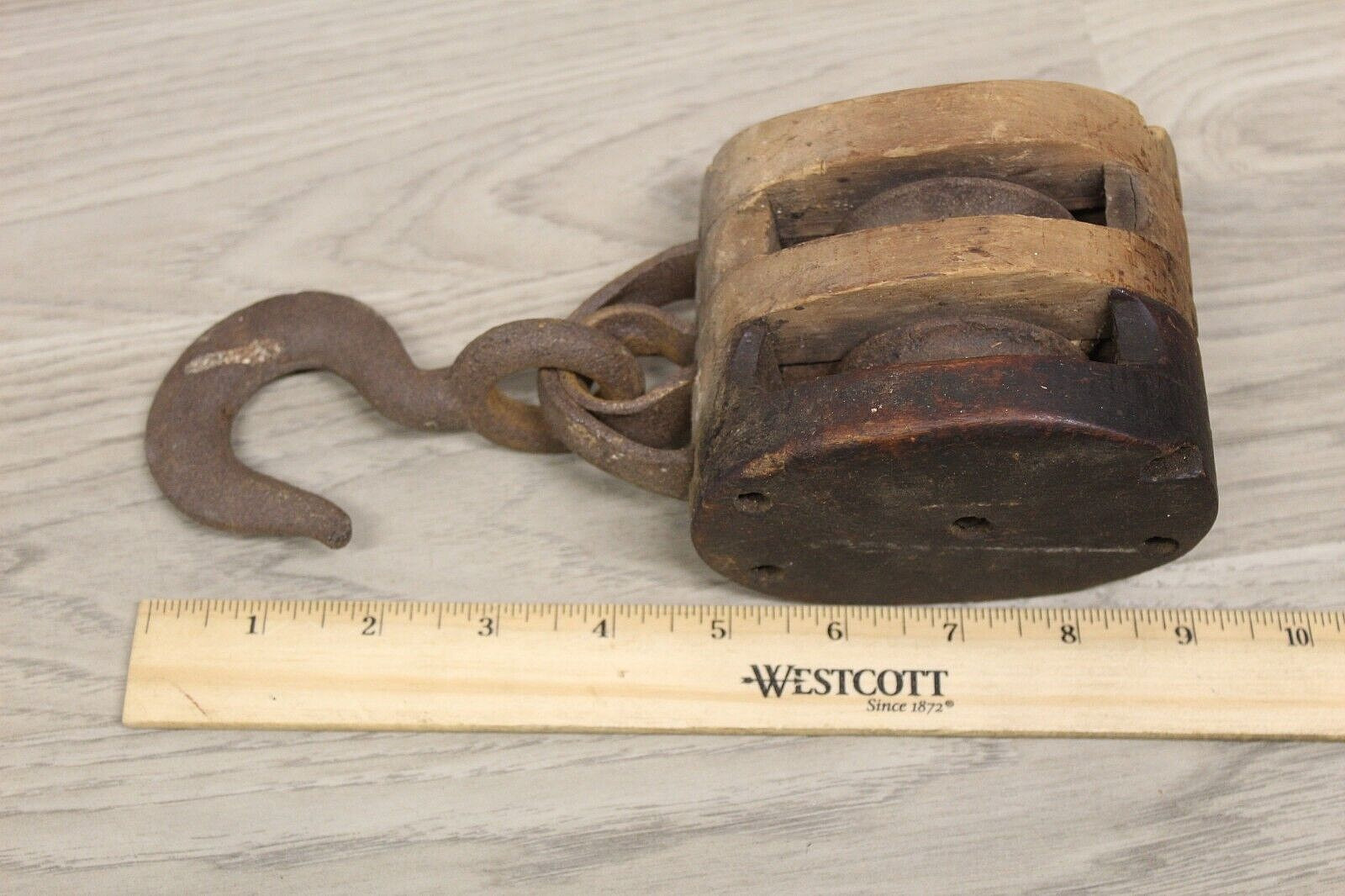 Antique/Vintage Wood Pulley Block 2 Sheave Brand Illegible Very Solid