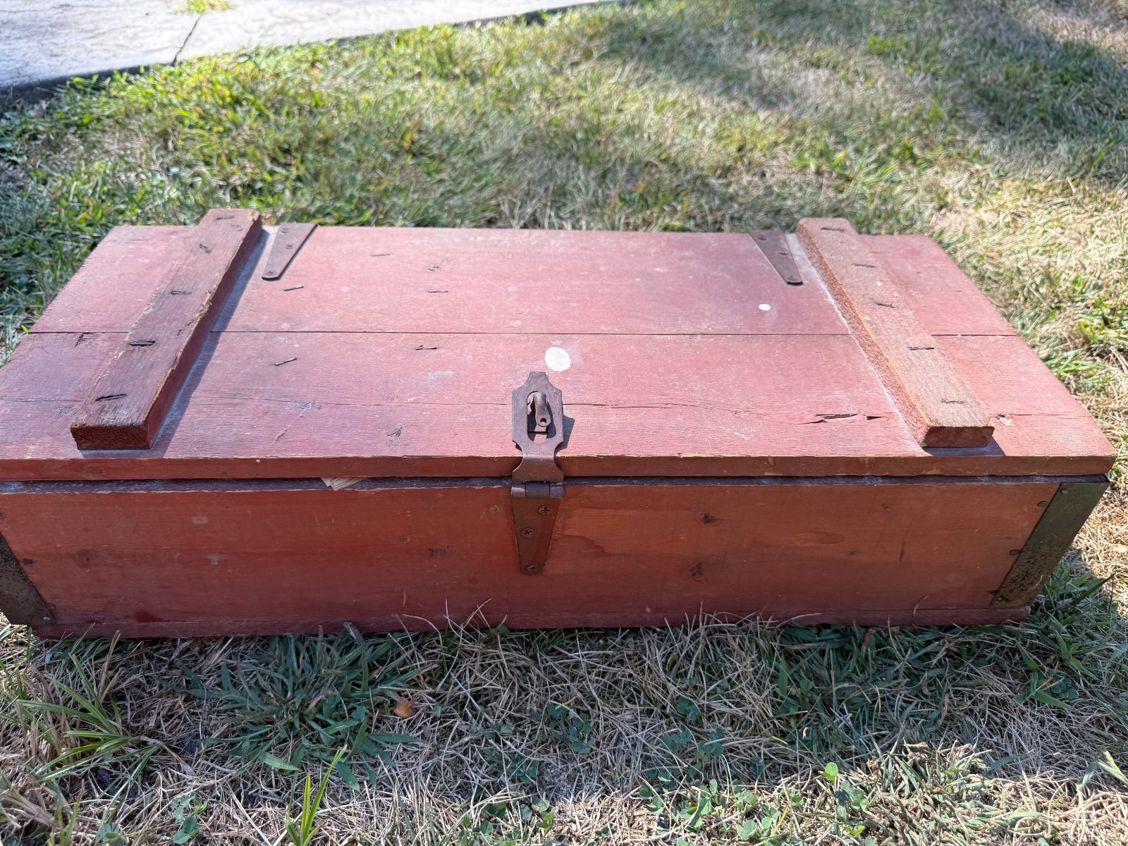 Vtg Handmade TOOLBOX Solid Wood Red Painted W/ Carpenter’s Supplies 25 x 10 x 8