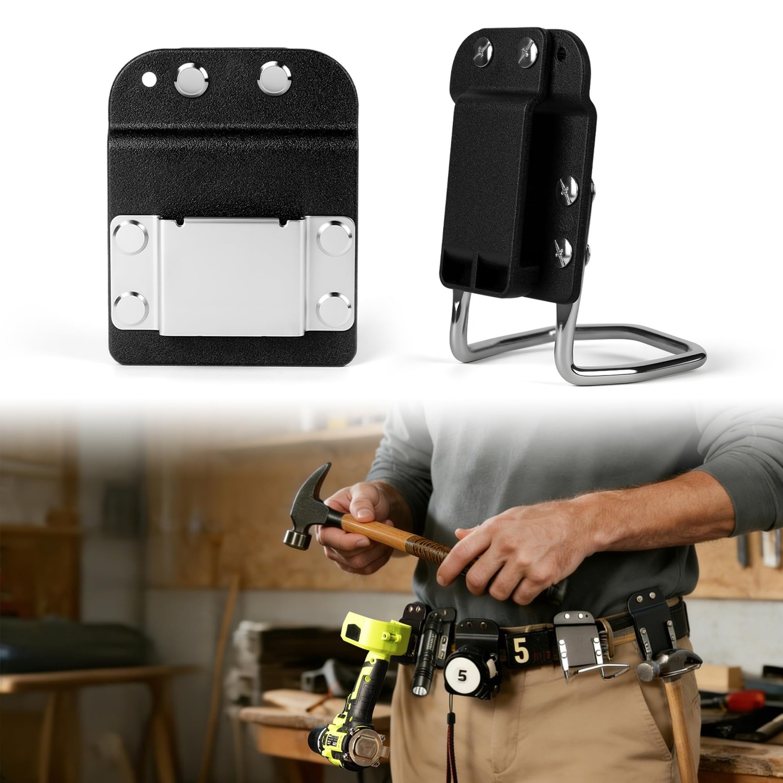 Heavy-Duty Tape Measure and Hammer Holder, Low-Profile Drill Belt Clip & Hamm…