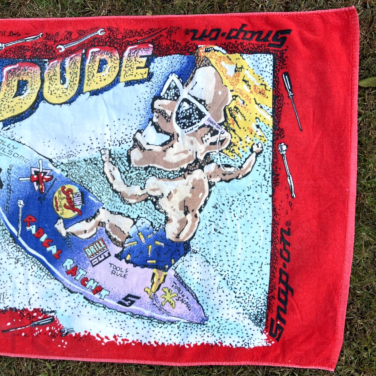 Vintage 90’s Snap-On Tool Tool Dude Cartoon Party Surfer Ocean Beach Towel RARE