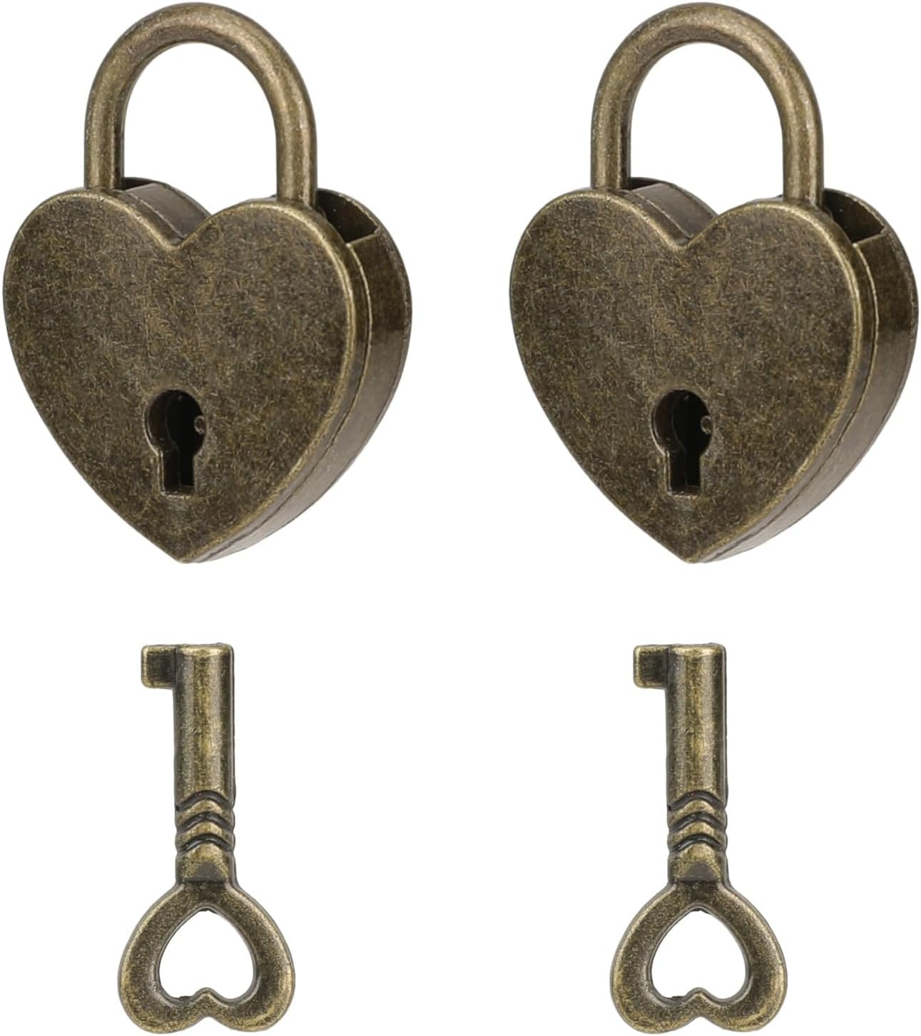 2 Pack Mini Bronze Antique Heart Shaped Padlock with Key, Small Vintage Lock