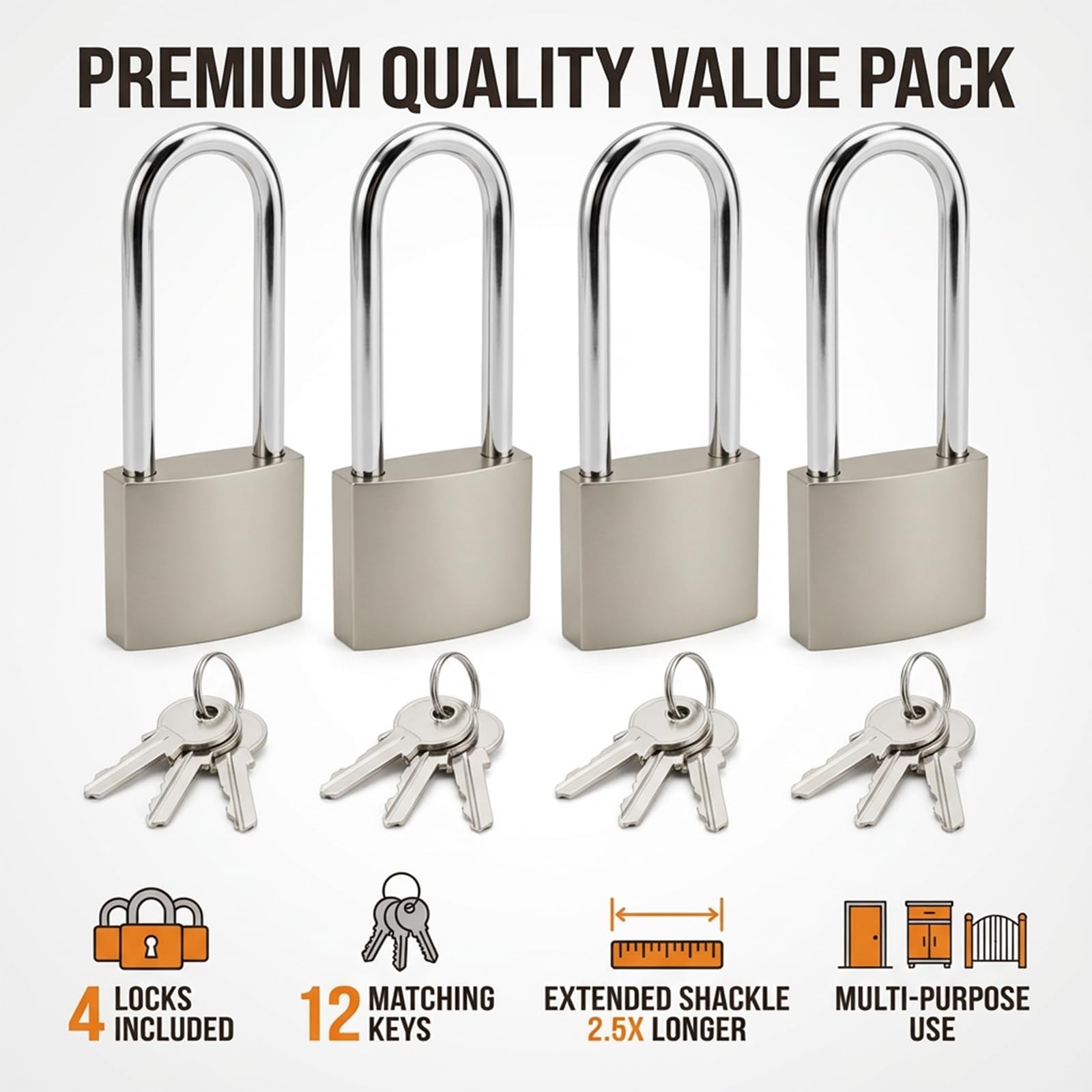 4 Pcs Silver Padlock with Keys, 3.4 Inch Long Keyed Padlocks, Shackle Pad Loc…