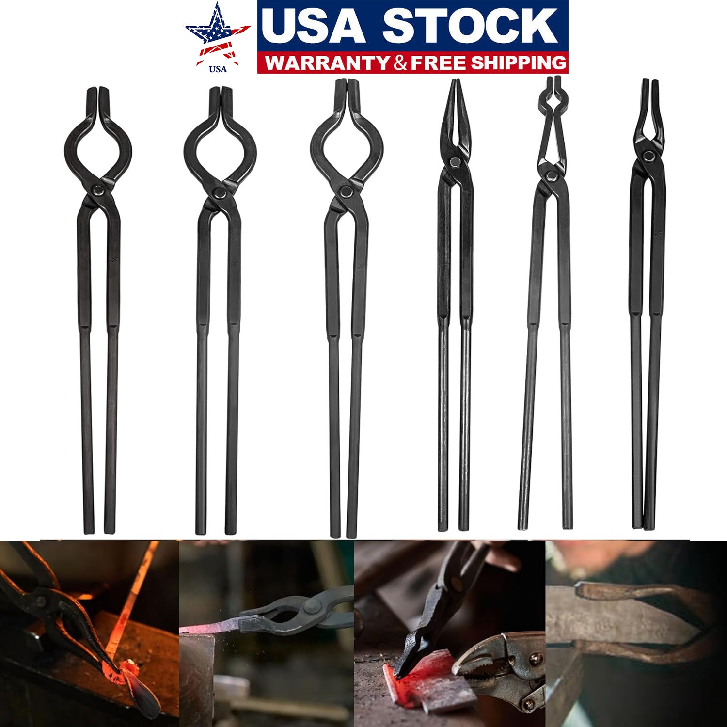 1/4 Flat Jaw,Pick Up,Scroll,V-Bit Tongs Beginner Blacksmith Forge Tongs Set 6pcs
