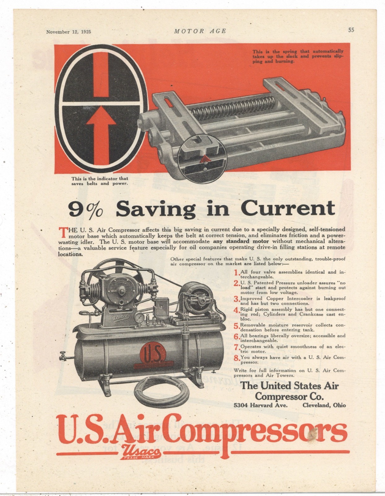 1925 United States Air Compressor Co. of Cleveland Ad: USACO on Motor Base