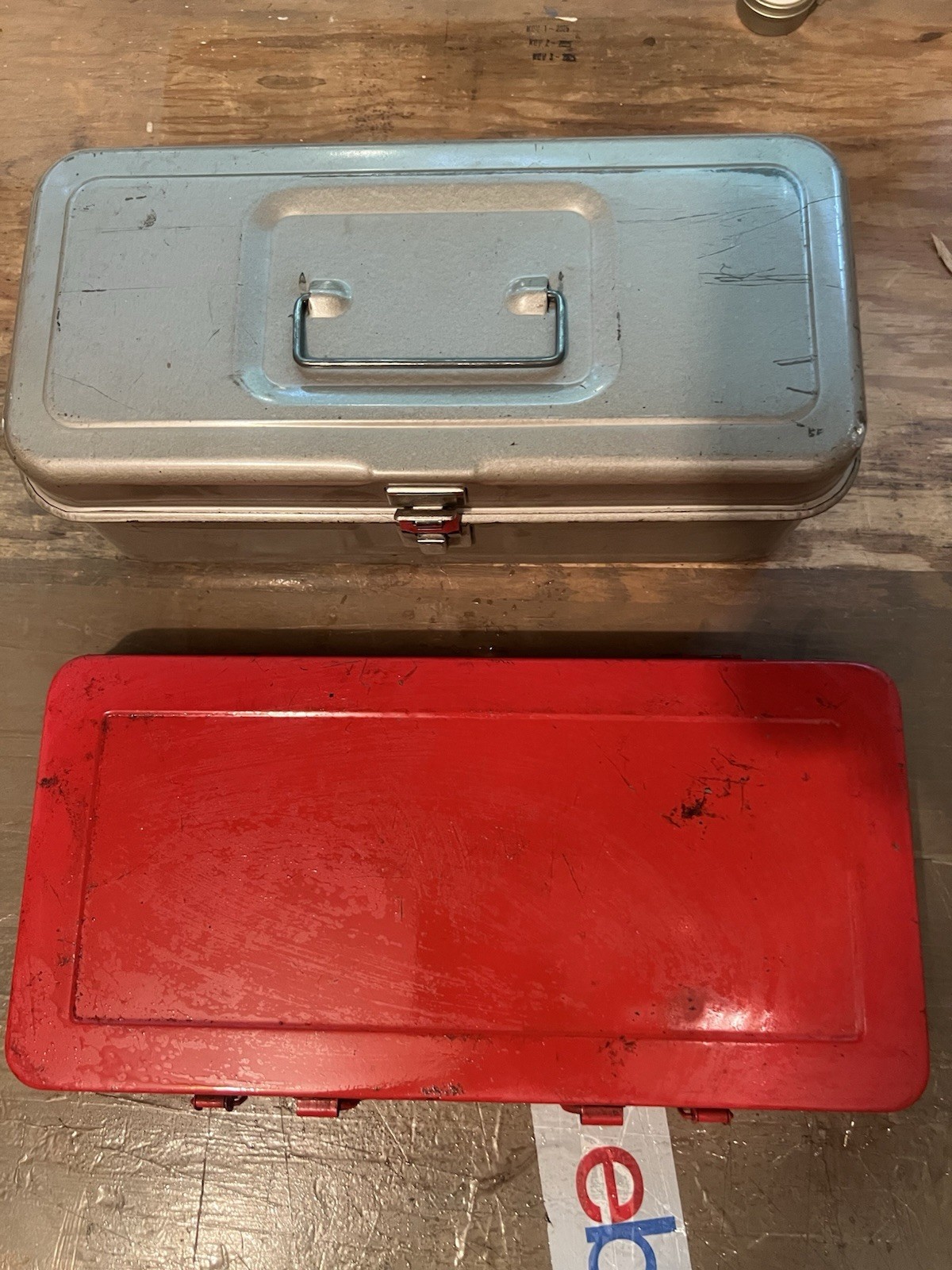 2 Vintage Metal Tool Boxes Red Gray Steel Utility Storage Box Lot of 2 USA