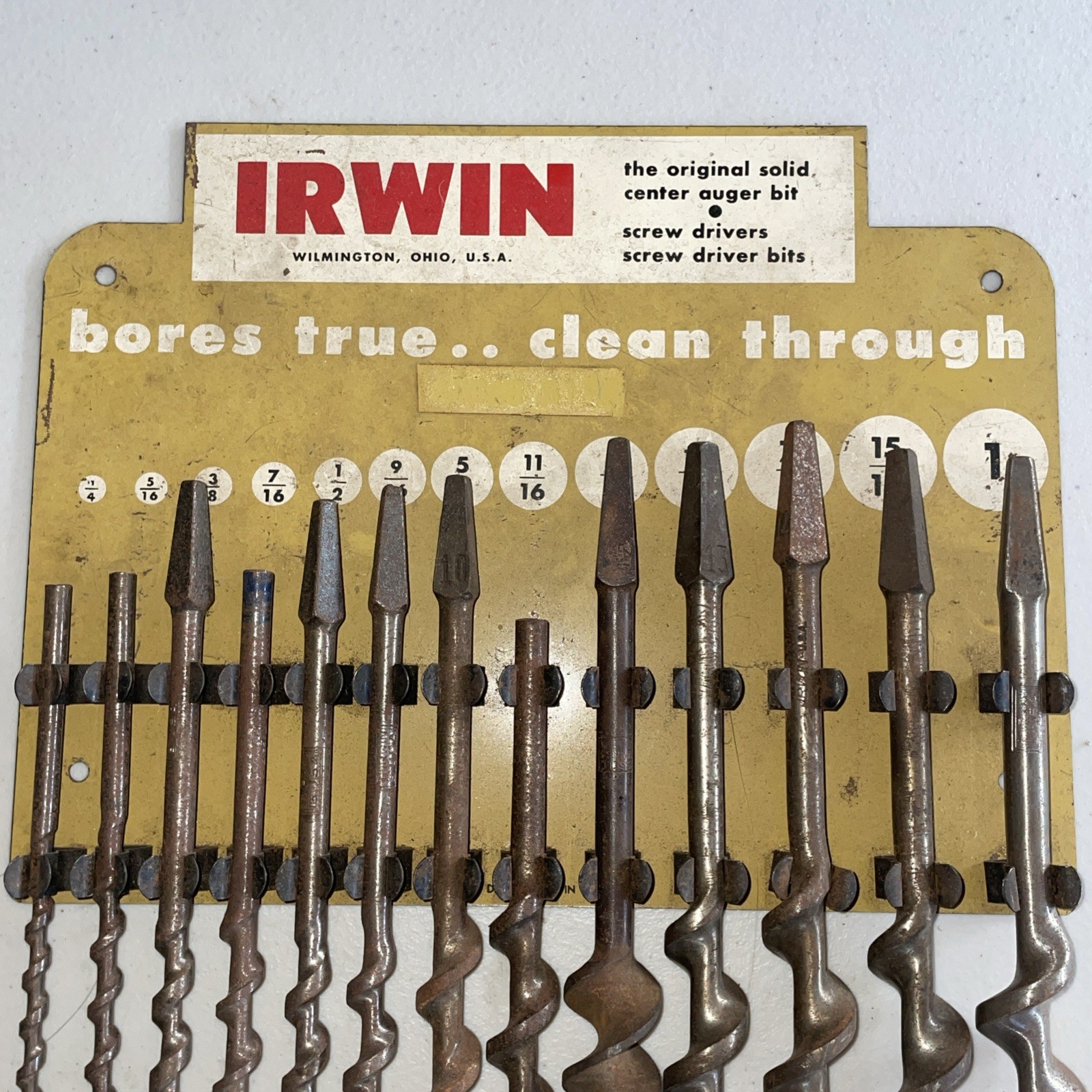 Vtg Irwin Hand Auger Brace Drill Bit Metal Store Wall Display w/ Bits