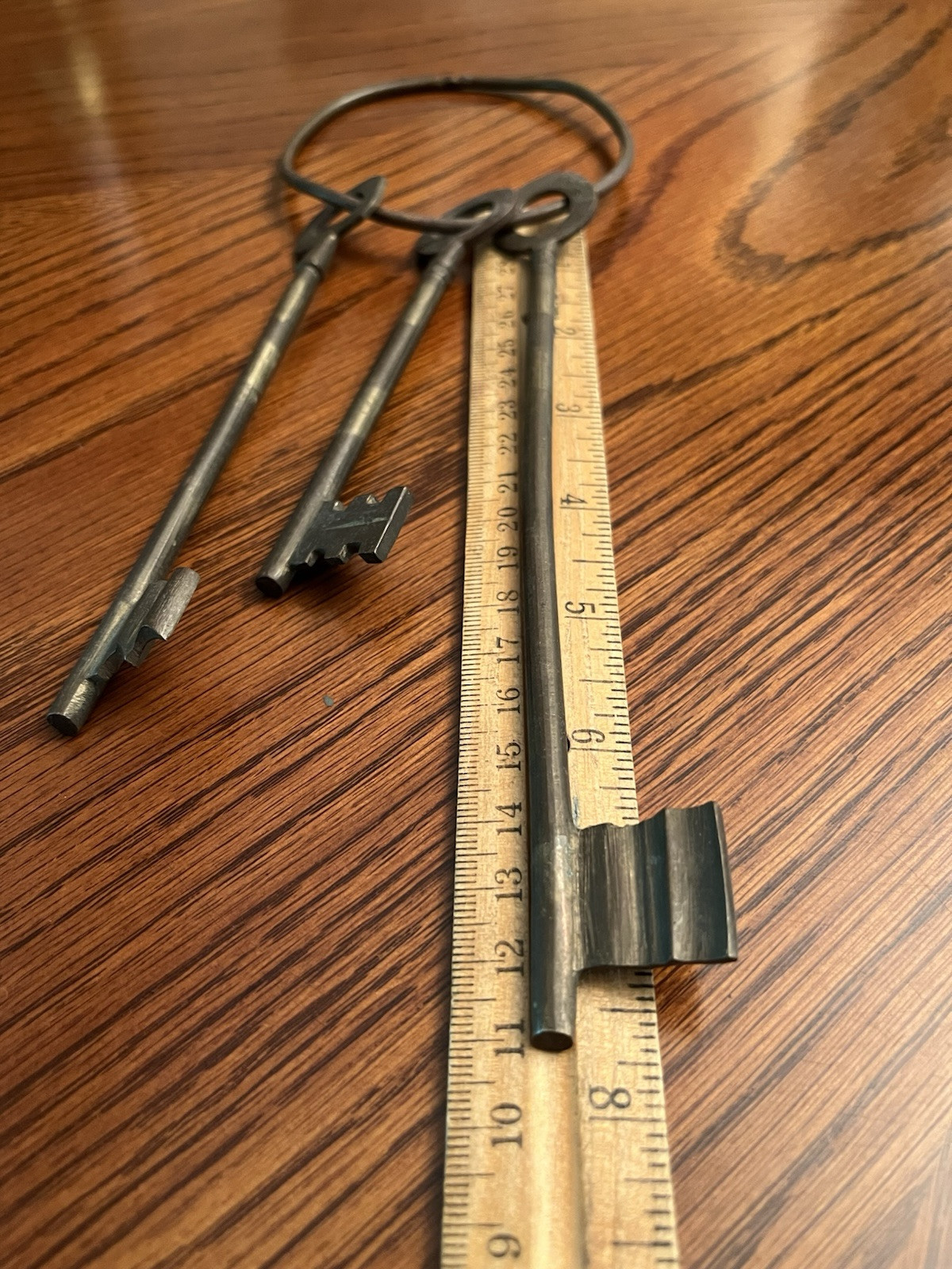 Vintage Skeleton Brass Keys on Ring Solid Barrel Largest Key is 7.75”
