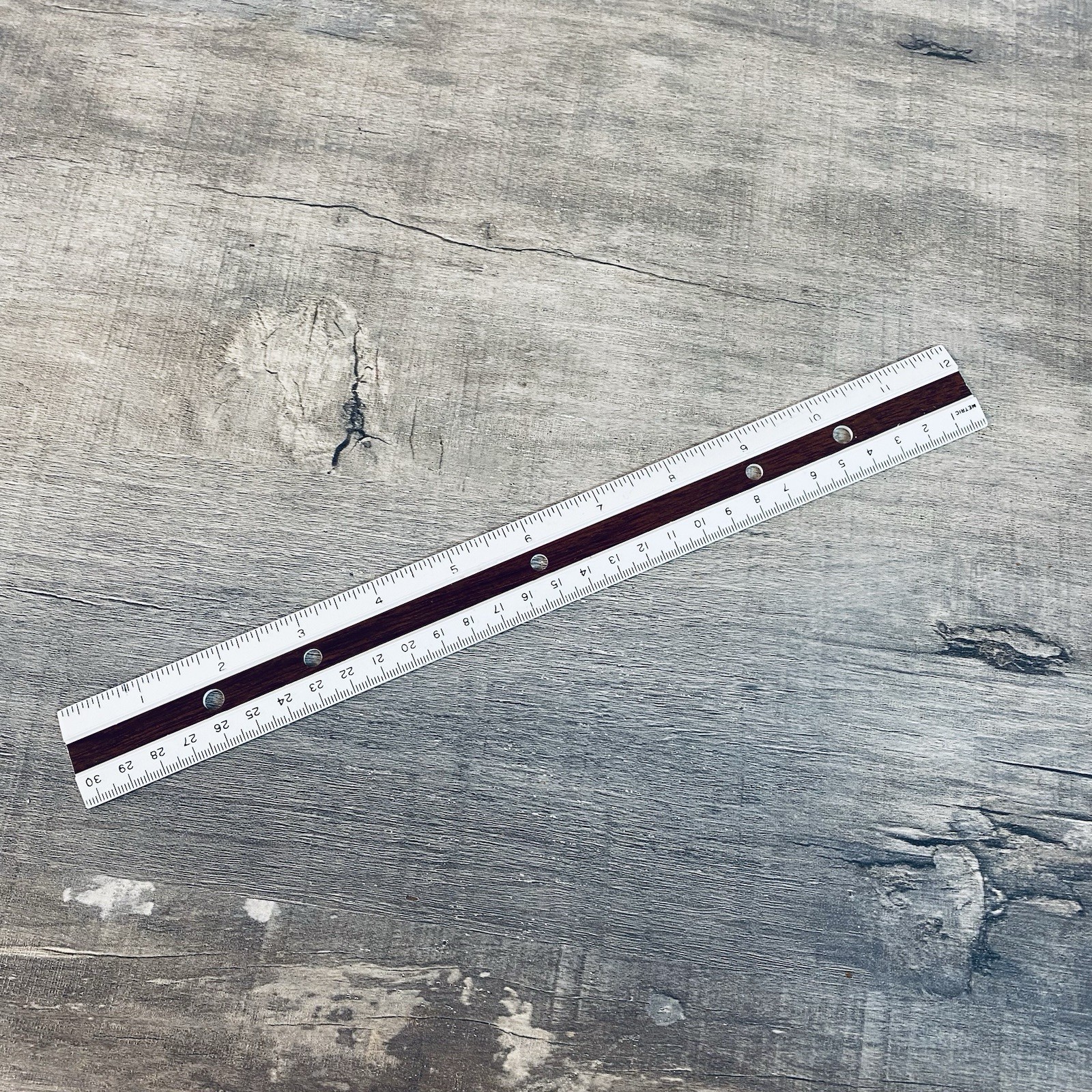 Vintage White And Faux Wood Measuring 12” Ruler