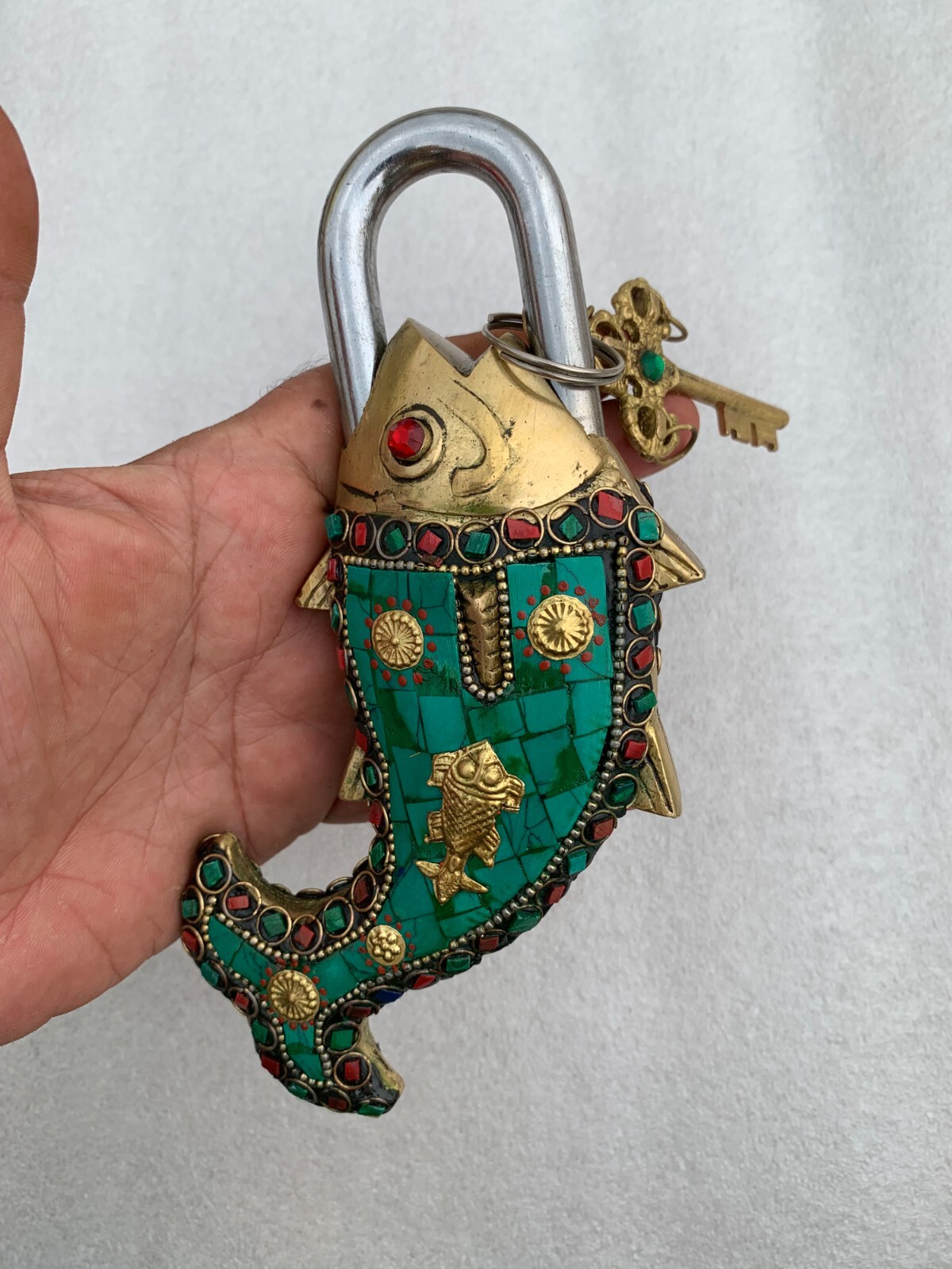 Brass Lock Fish design, Fish Shaped lock Stone work Vintage Door Lock With 2 Key
