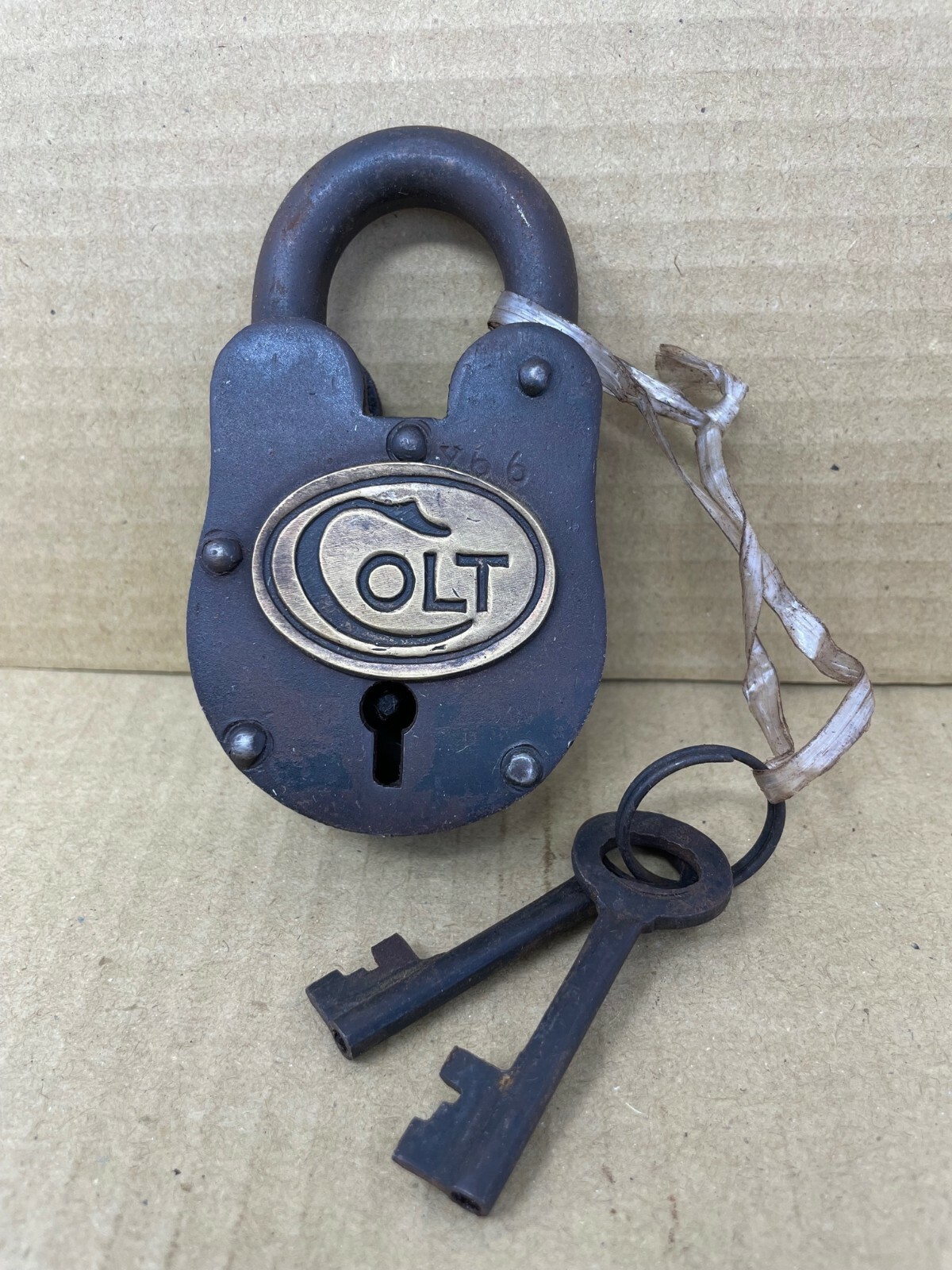 Colt Firearms Logo Padlock, Cast Iron Lock, Antique Finish with 2 Keys