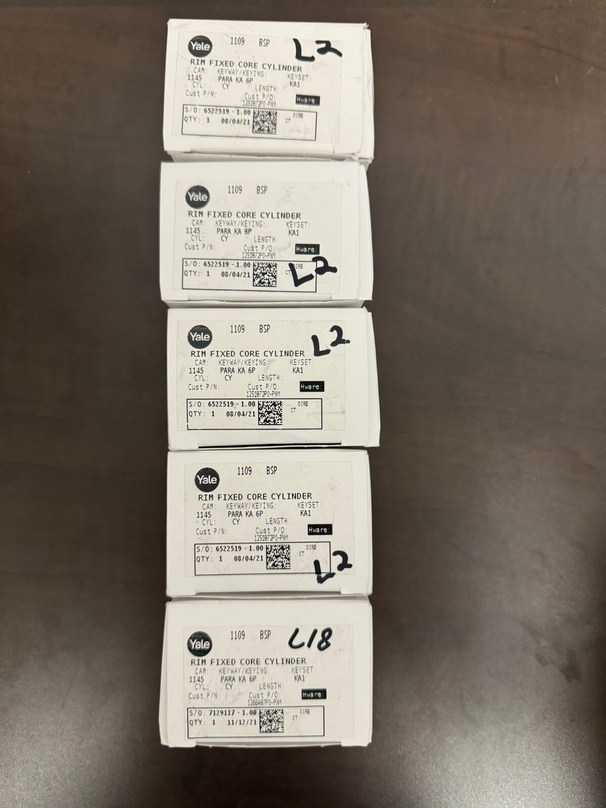 Set of 5 Yale Fixed Core Mortise Cylinders With 2 Keys ~keyed Alike