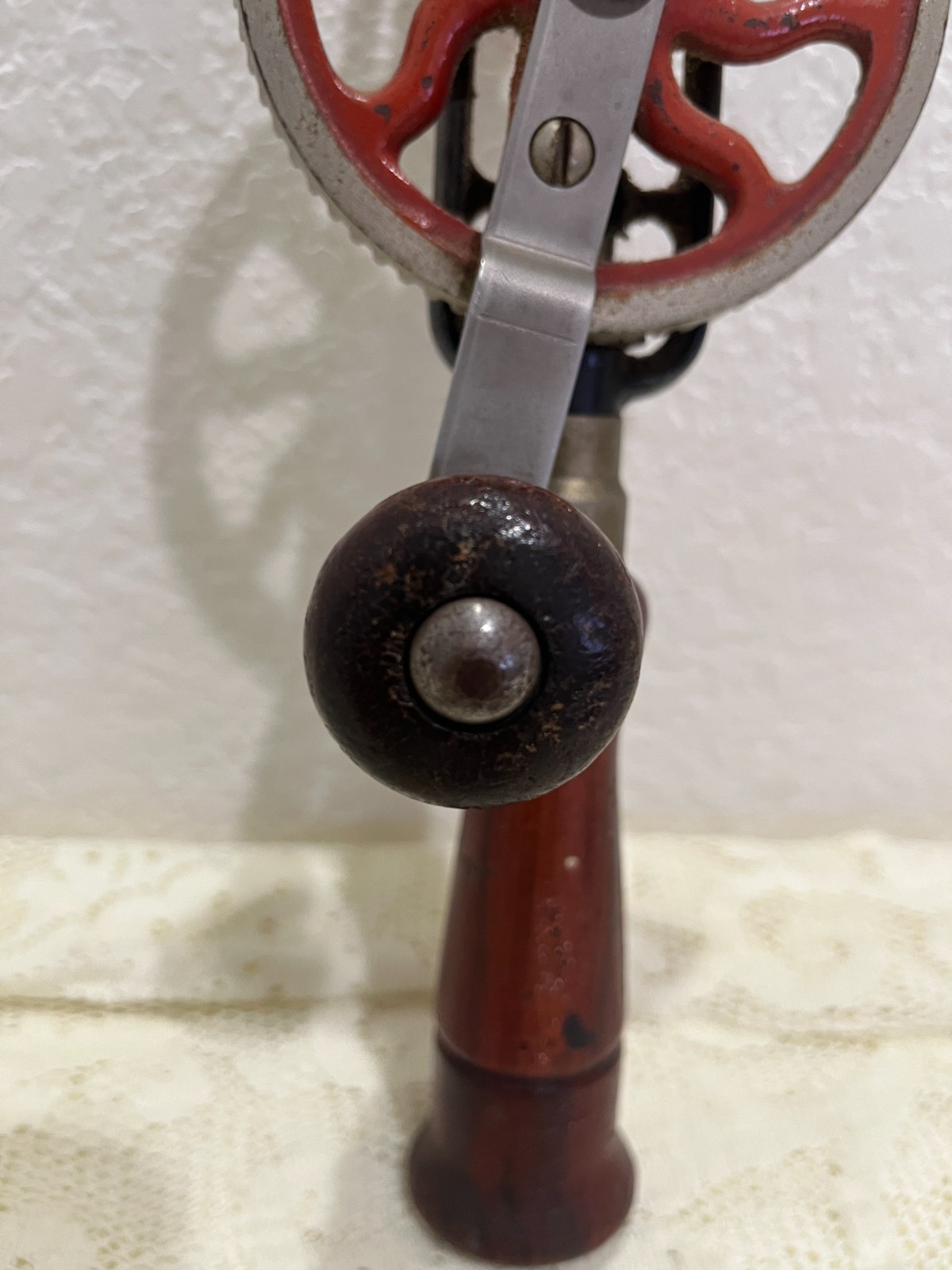 Vintage Eggbeater Hand Drill Manual Crank Wood Handle Red Gear Tool Decor