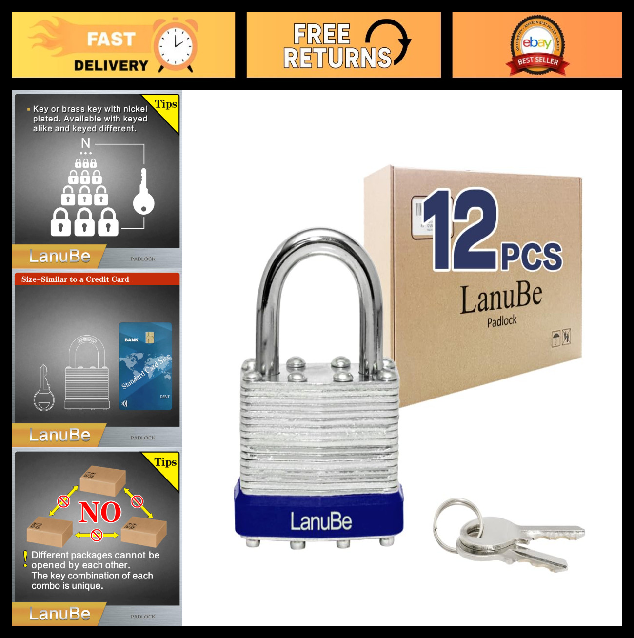 Keyed Alike Laminated Padlocks 40mm (1-9/16″) – Normal Shackle, 12 Pack