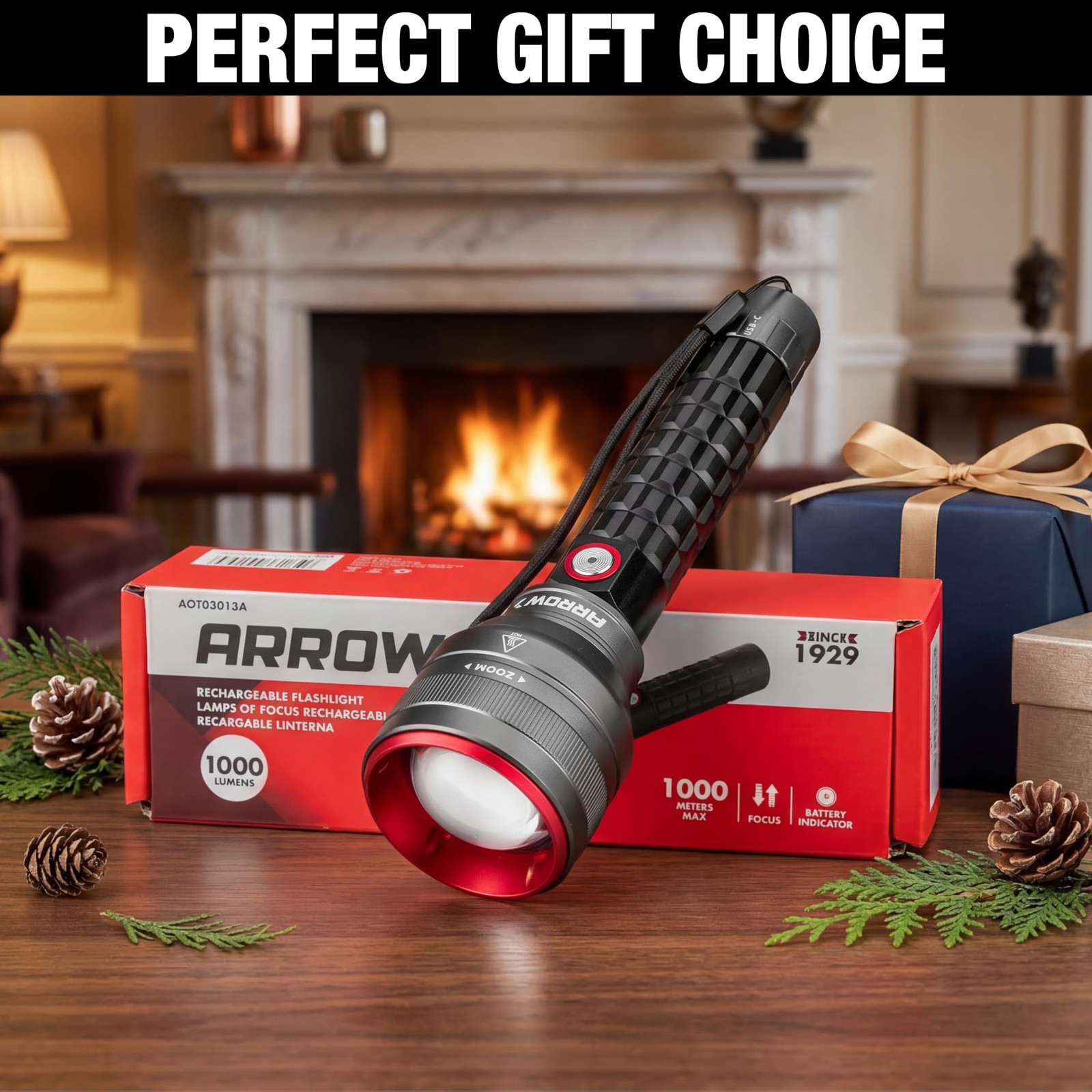 Arrow Rechargeable Flashlights 1000 Lumens Long Range 3280 FT, Bright Black
