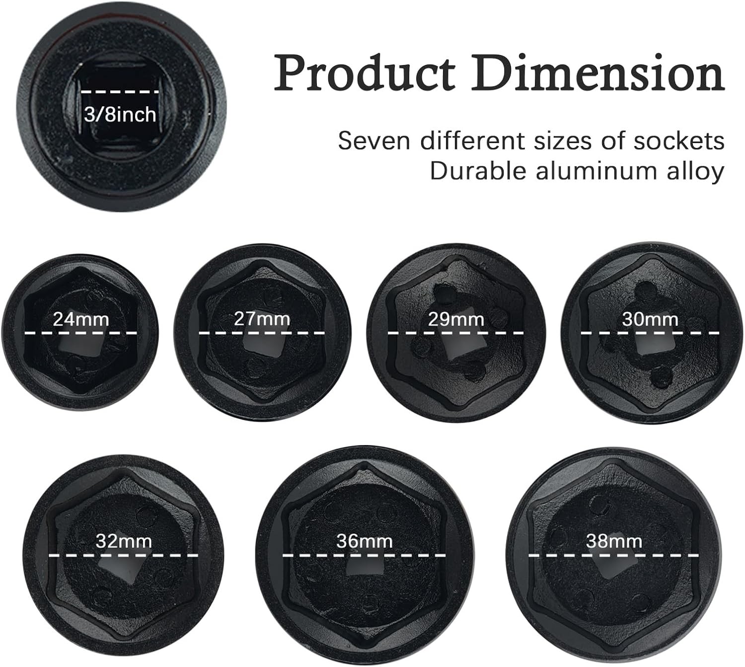 7PCS Oil Filter Socket Set,3/8″ Drive 24mm,27mm,29mm,30mm,32mm,36mm,38mm Oil Fil