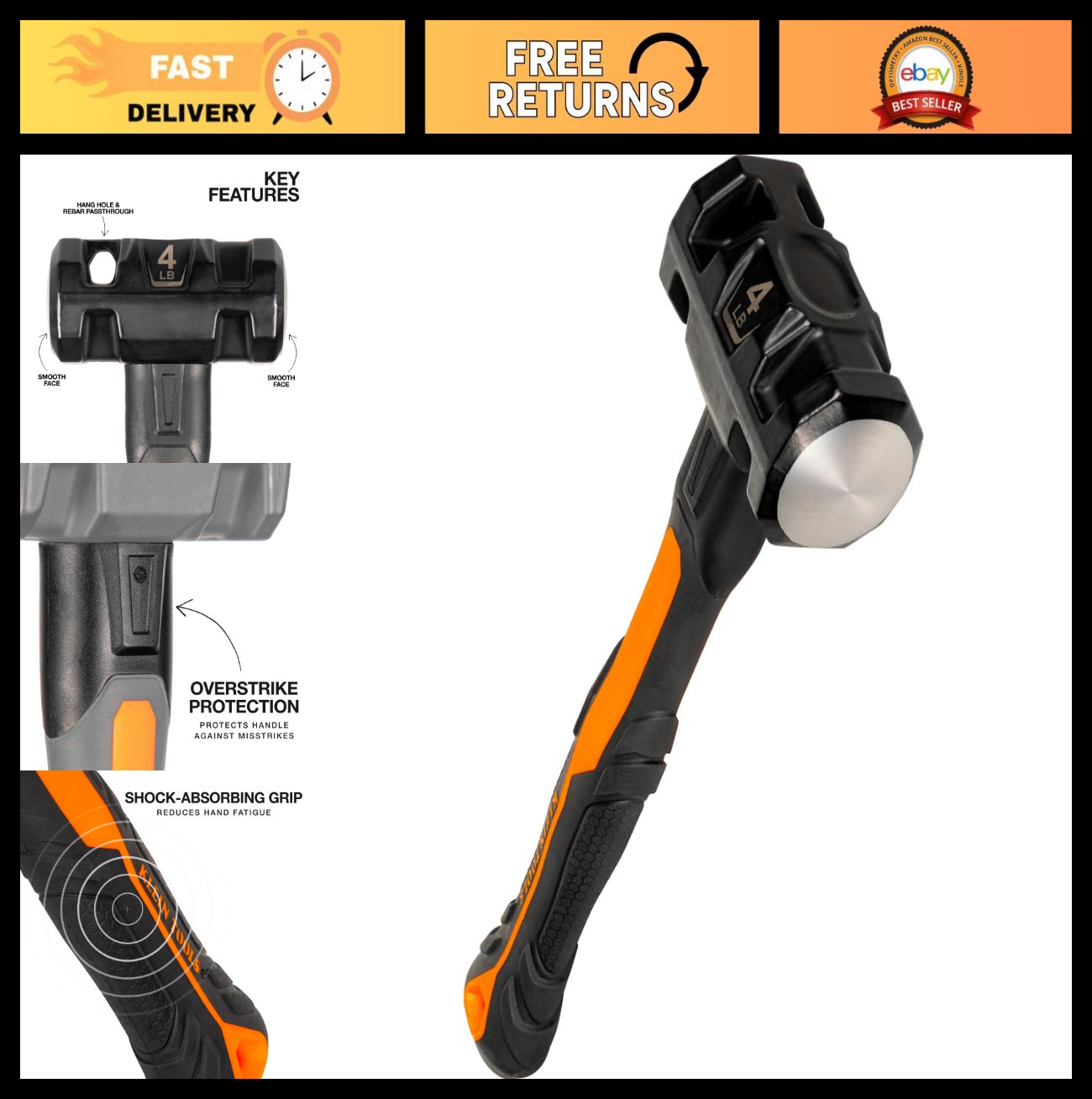 4-Pound Sledge Hammer – Fiberglass Handle, Shock-Resistant for Striking & Demoli