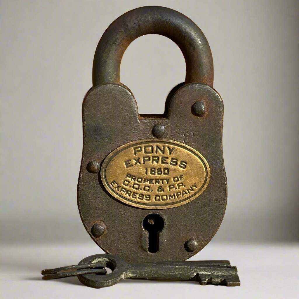 Pony Express 1860 Cast Iron Lock With Brass Tag & 2 Keys (3.75″ x 2.25″)