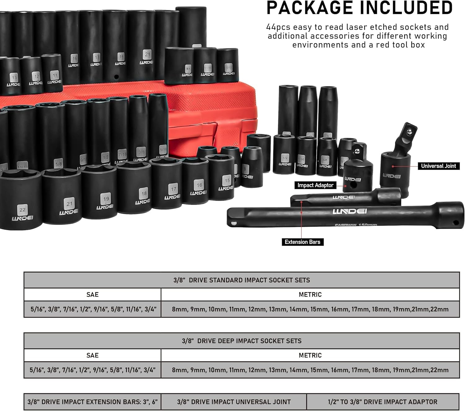 LLNDEI 3/8″ Drive Impact Socket Set SAE and Metric (5/16″- 3/4″, 8-22mm) 48pcs,
