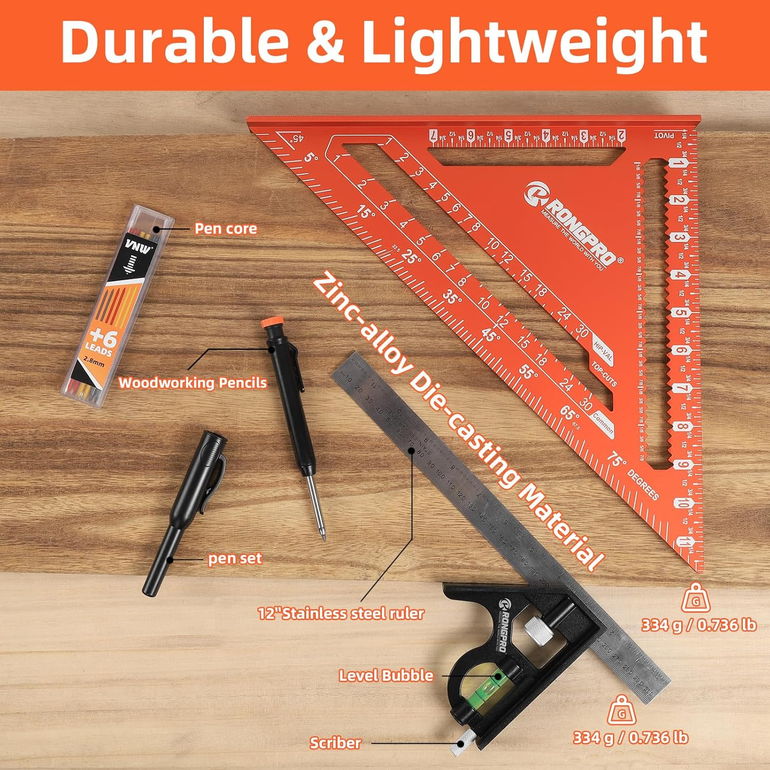 Aluminum Alloy 12in Carpenter Square and 12in Zinc-Alloy Combination Square Set,