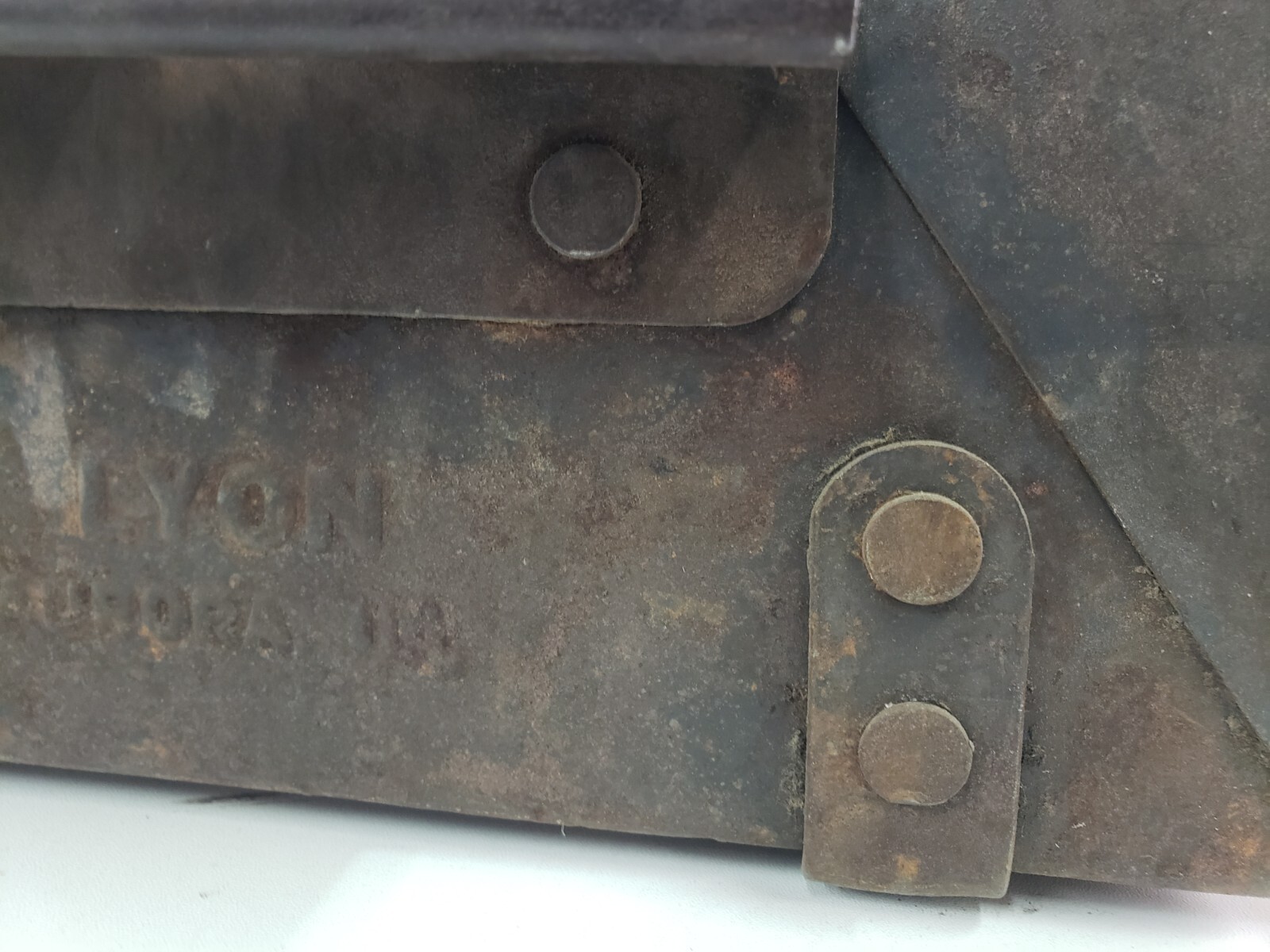 VINTAGE Lyon Metal Tray Crate Mining Box Tool Bin Riveted Stackable USA