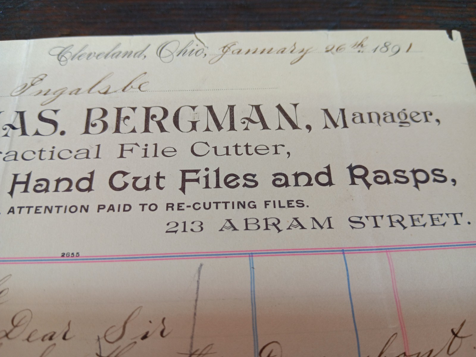 1891 Letter To Inglesby Rasp File Co. Chas Bergman Antique Tool Ephemera Rare