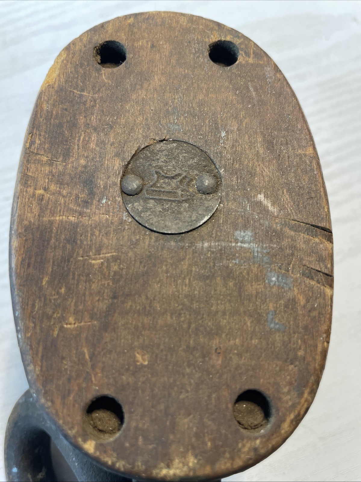 Early 1900s Anvil Brand Double Wood Barn Pulley Block Tackle Iron Hook Primitive