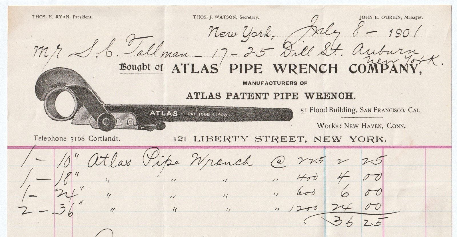 Atlas Pipe Wrench Company – Billhead – RARE 1901 – Great Tool Graphic