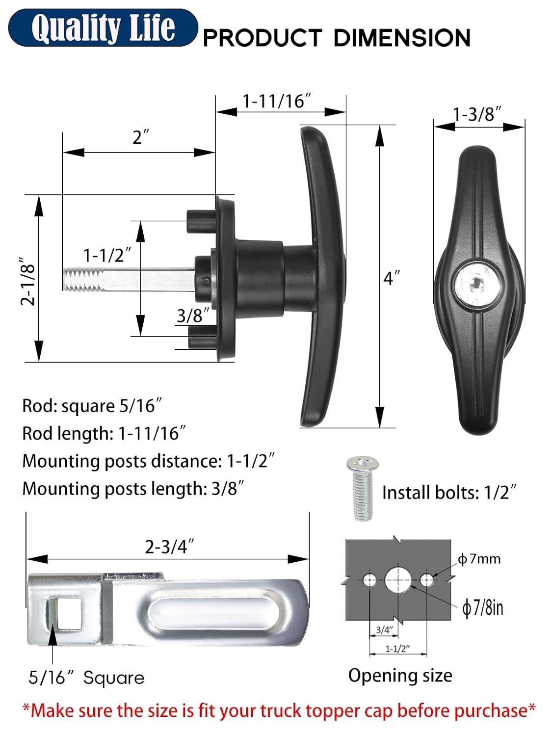 Truck Cap Camper Shell T-Handle Lock Latch Replacement Parts Truck Bed Topper