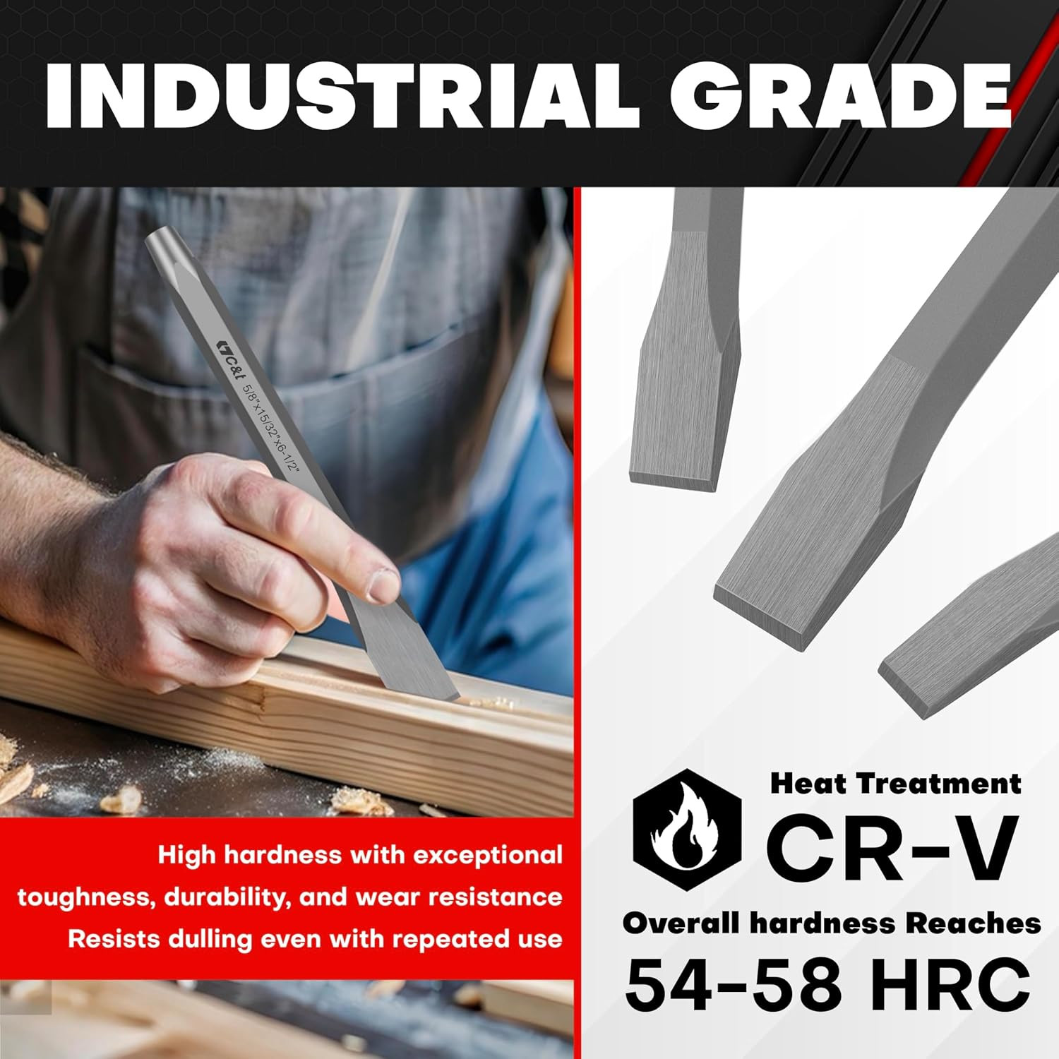 3-Piece Heavy Duty Cold Chisel Set 3/8 1/2 5/8 Inch All Purpose for Metal Wood