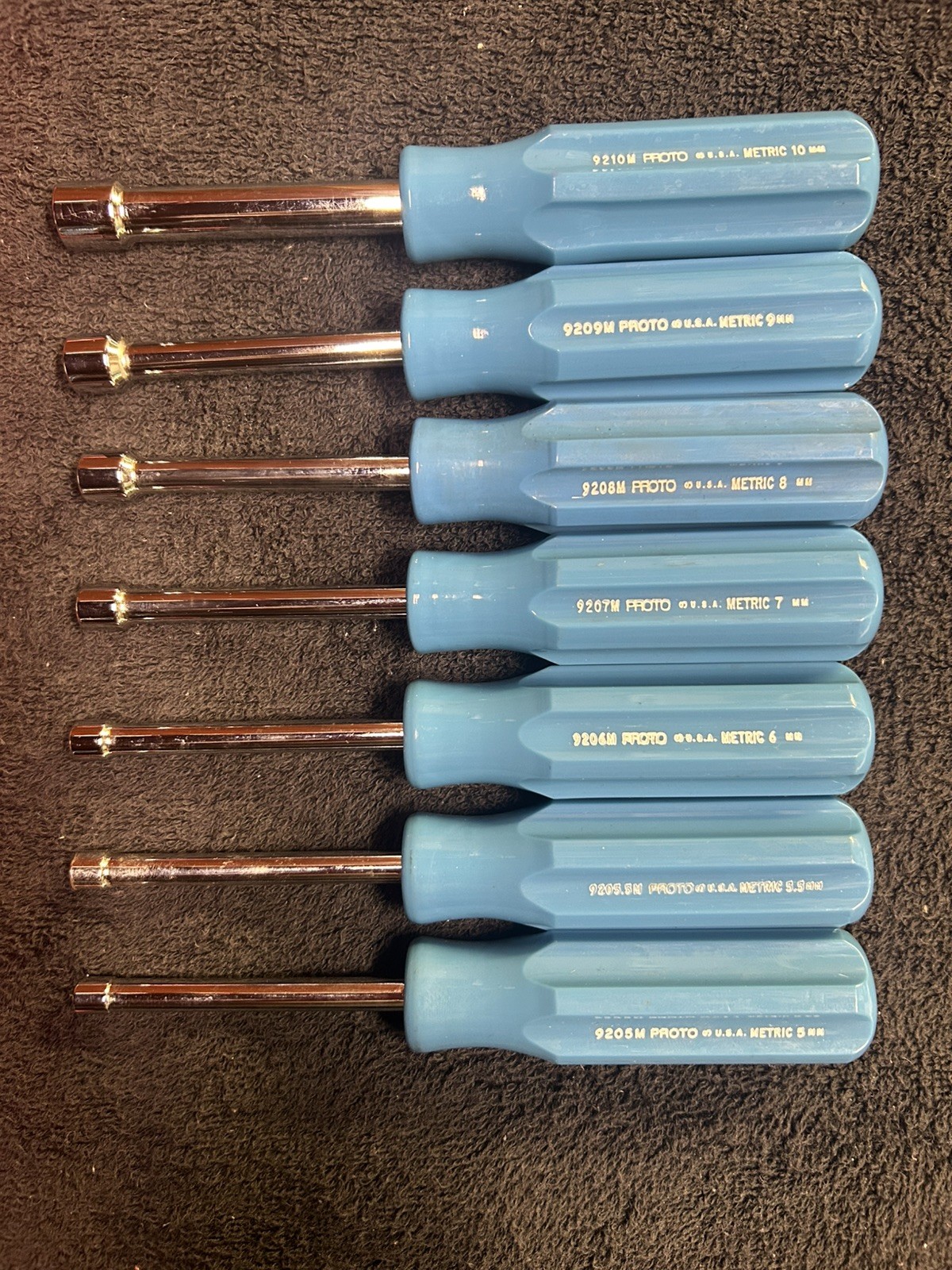 (v) PROTO TOOLS 7pc METRIC NUT DRIVER SET 5-10mm BLUE HANDLE – MINT – USA
