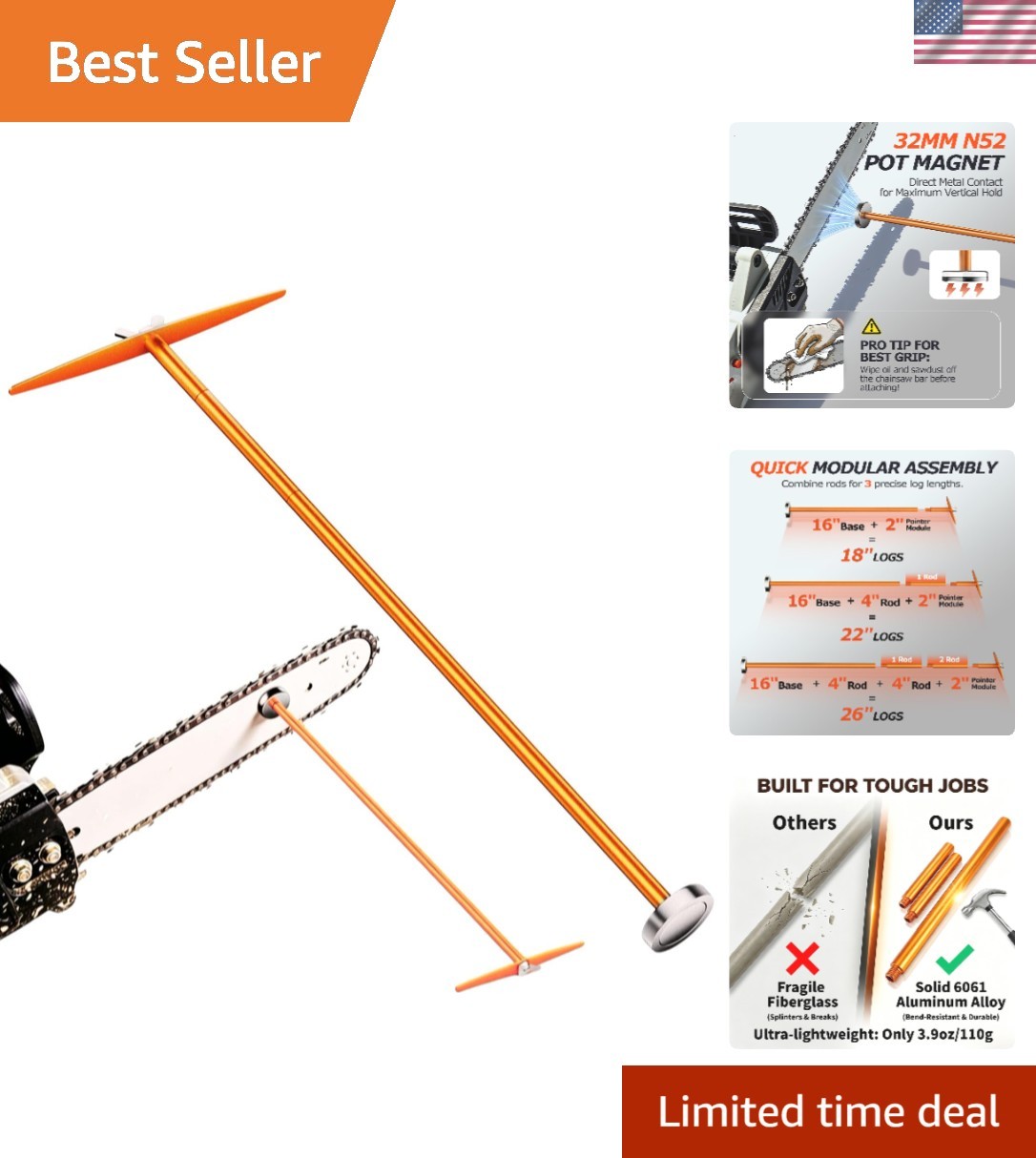 Adjustable Firewood Measuring Tool for Chainsaw: 18”, 22”, 26” Aluminum Gauge