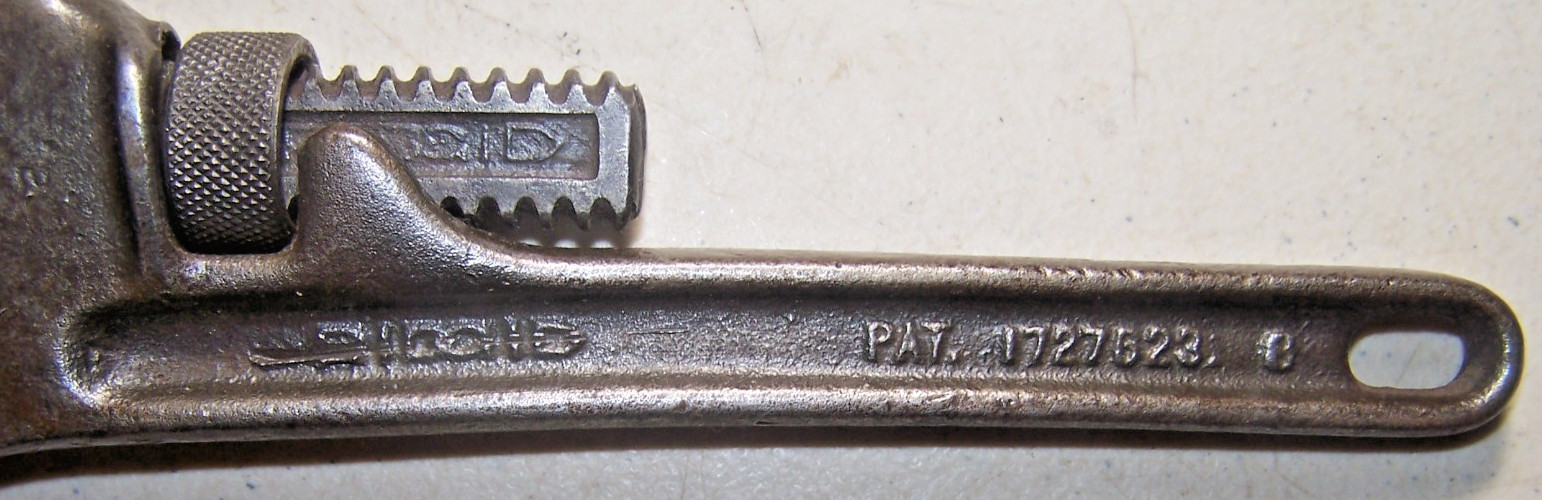 Antique- RIDGID 7” Pipe Wrench Ridge Tool Co Elyria Ohio USA Pat 1727623 P/NH22