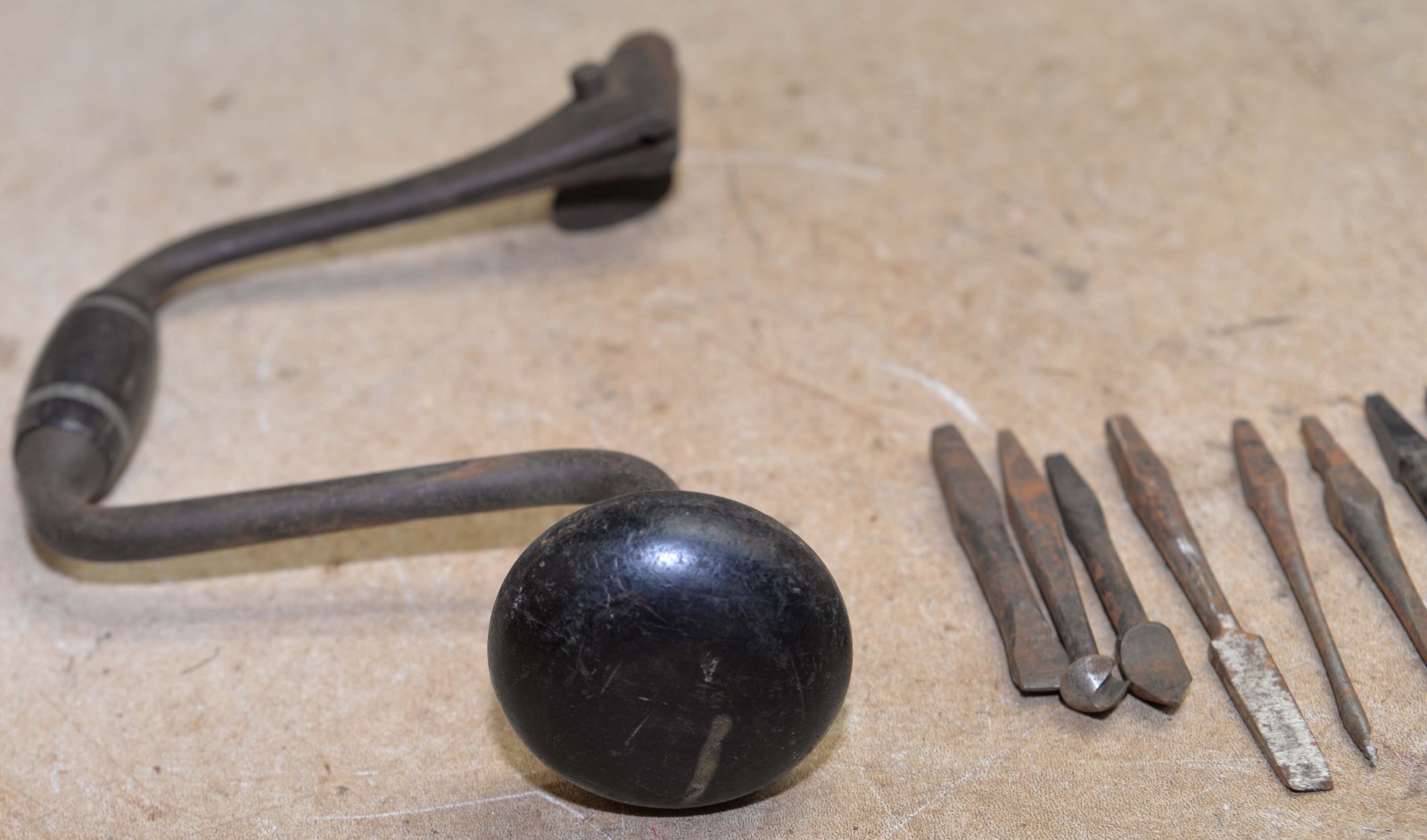 Antique No 110 Spofford Patent John Fray brace & 10 collectible drill bit lot F1