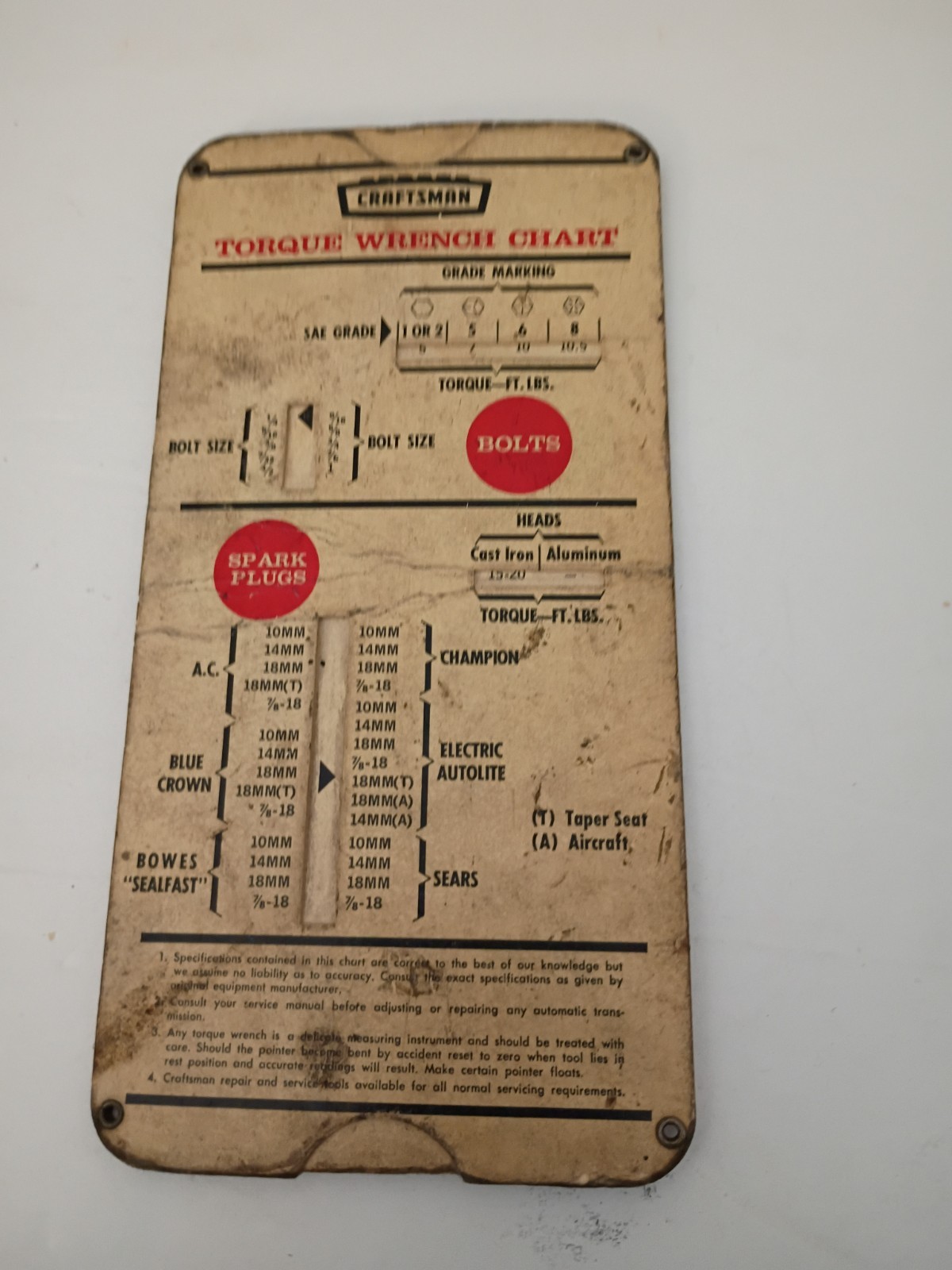 Sears Craftsman Torque Wrench Chart slider card Late 1950’s – Early 1960’s