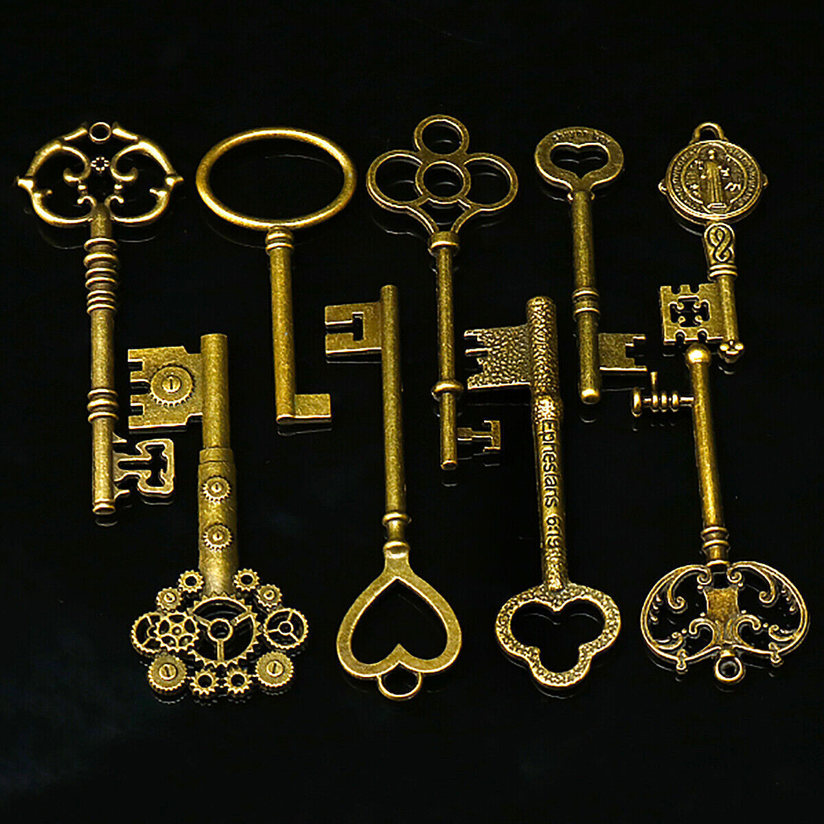 9PCS BIG Large Antique Vtg old Brass Skeleton Retro Gold Keys Lot Pendant Gift