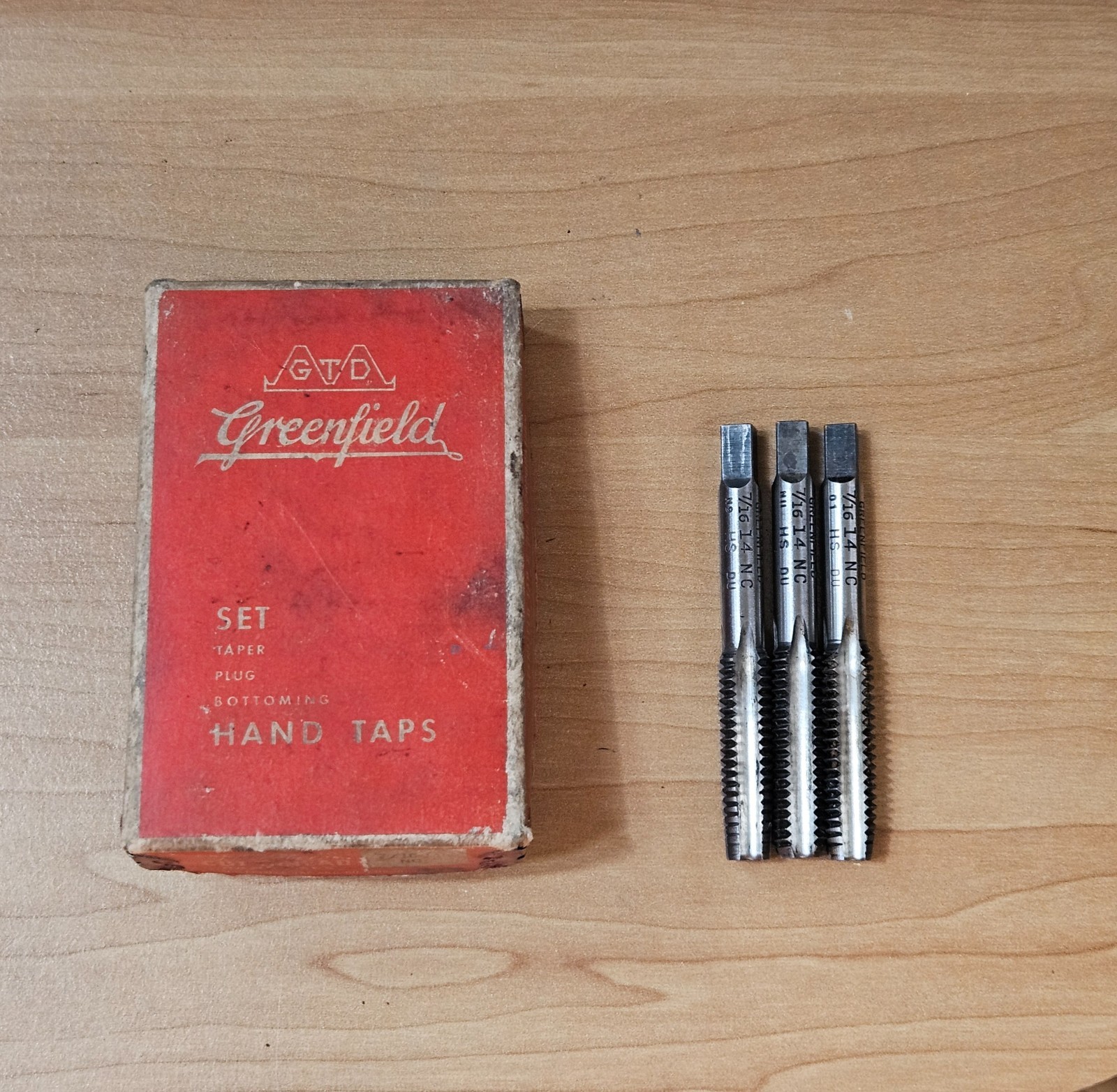 Vintage GTD Greenfield Tap & Die Corp. 7/16″ 14 NC High Speed Hand Taps Set USA