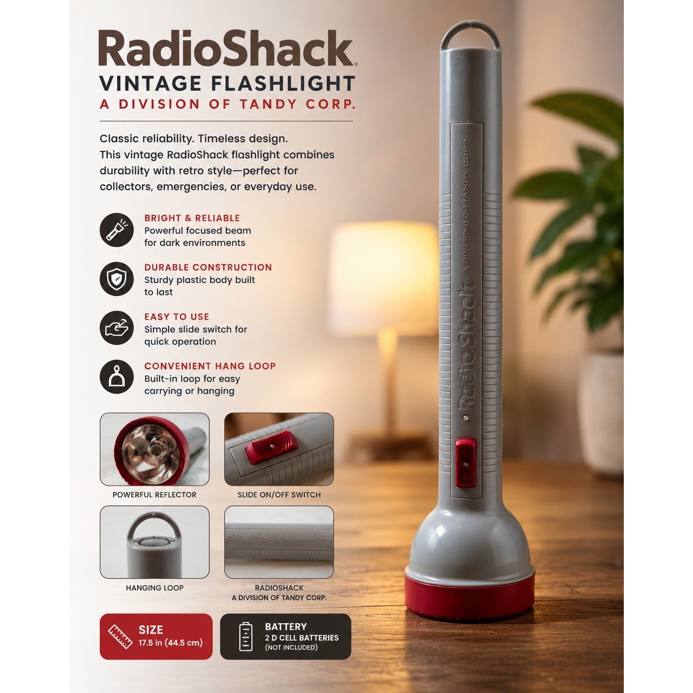 Vintage Radio Shack Tandy Corp Flashlight Grey Red 15.5 Inch Handheld Light