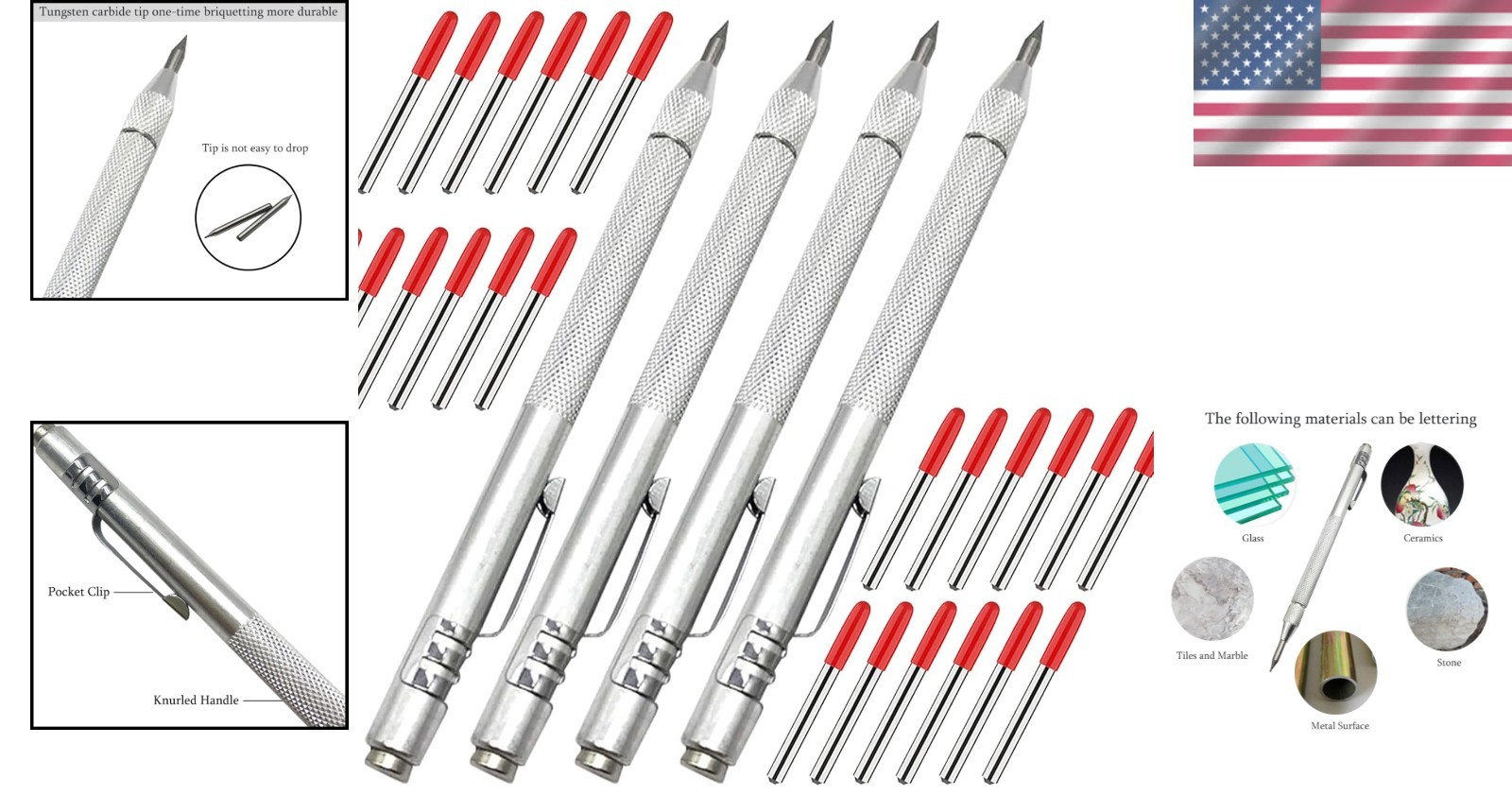 4 Pack Tungsten Carbide Scribe Tool Set with Magnetic Closure & Replacement Tips