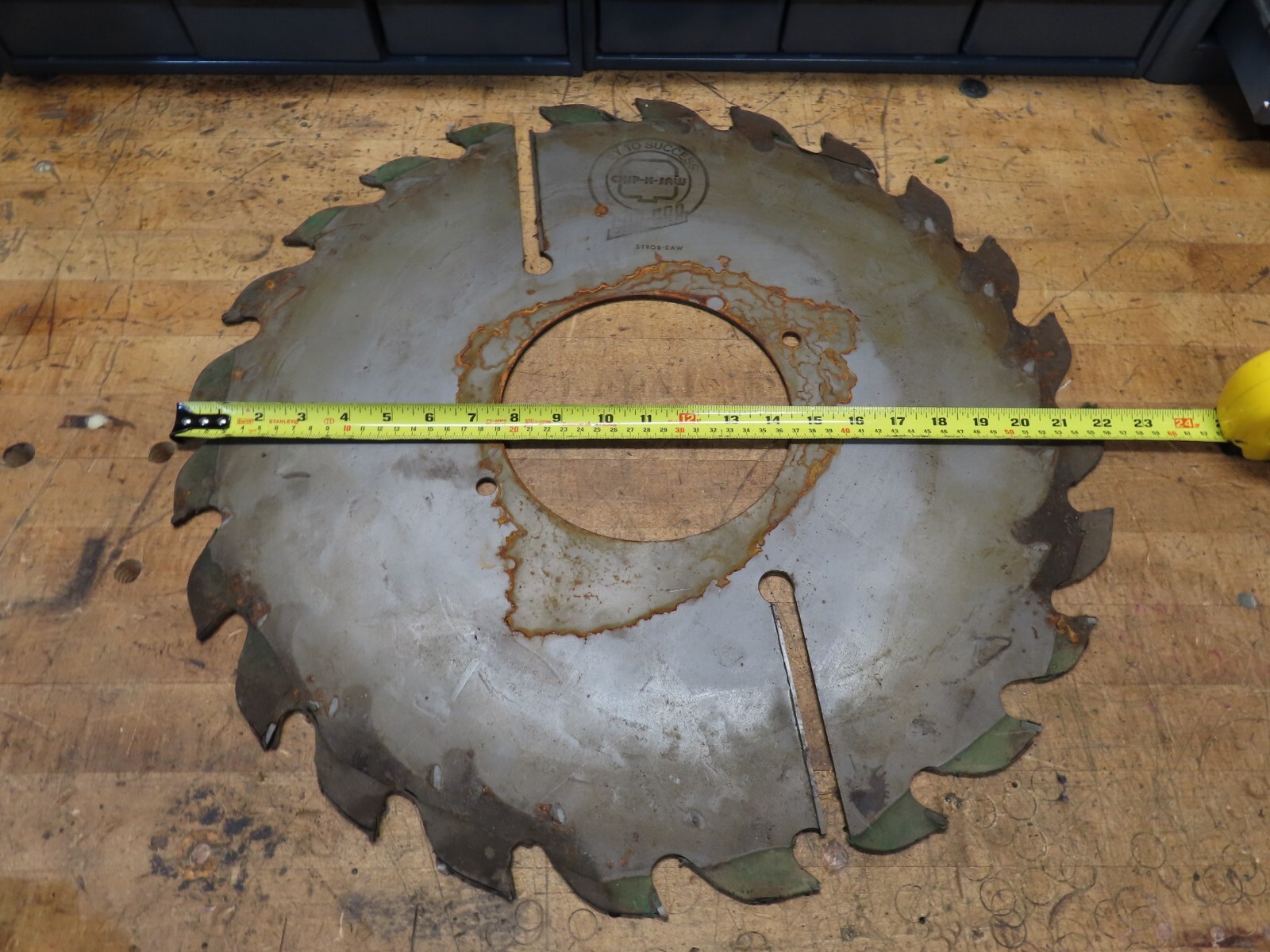 Vintage CanCar Chip-N-Saw 22″ Strob sawmill saw blade 24 carbide teeth 7″ arbor