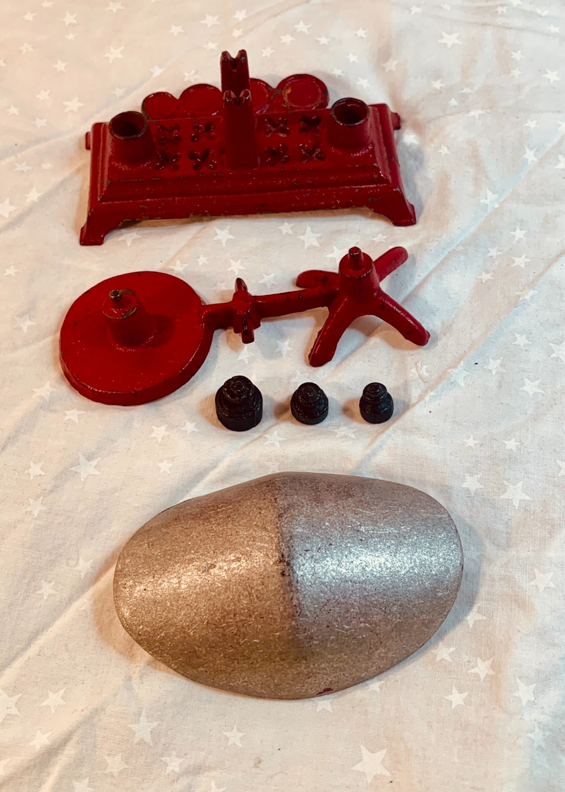 Vintage Miniature Red Cast Iron Kitchen Balance Scale W/ Weights