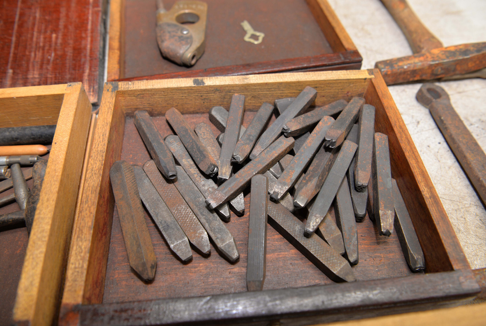 Engraving stamping dies punches collectible graver file tool chest antique lot