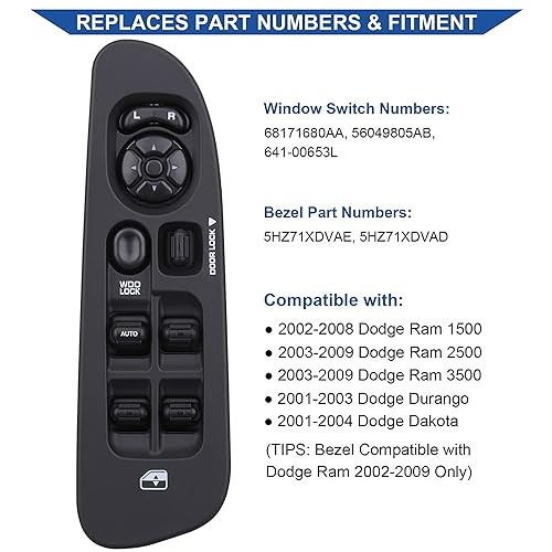 Master Power Window Switch and Bezel 56049805AB, Compatible Driver Side Black