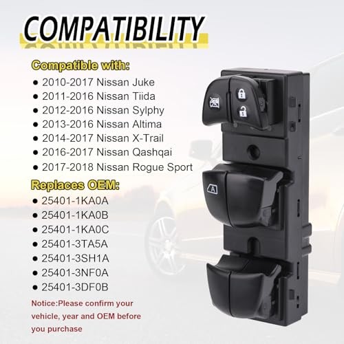 Master Power Window Switch Control Button Compatible with Nissan Altima 2013