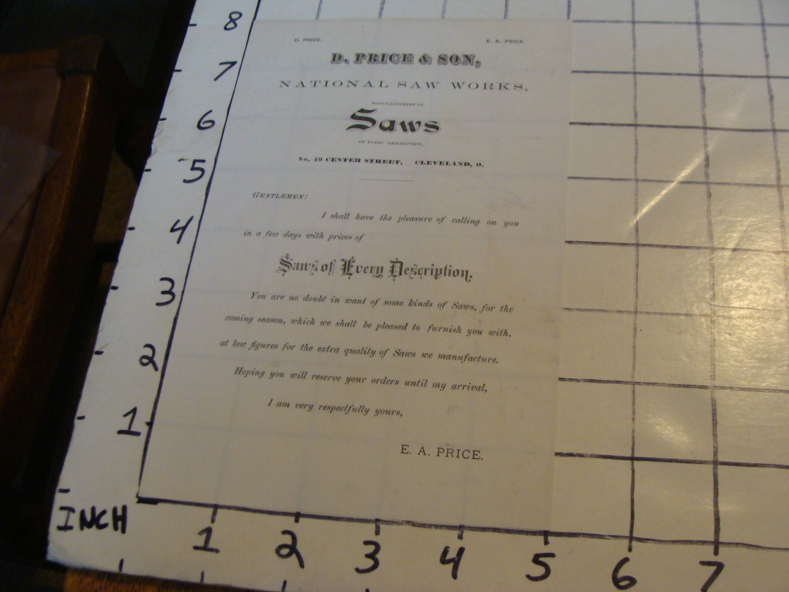 Original Vintage LETTERHEAD: D. PRICE & SON, NATIONAL SAW WORKS, Cleveland Ohio