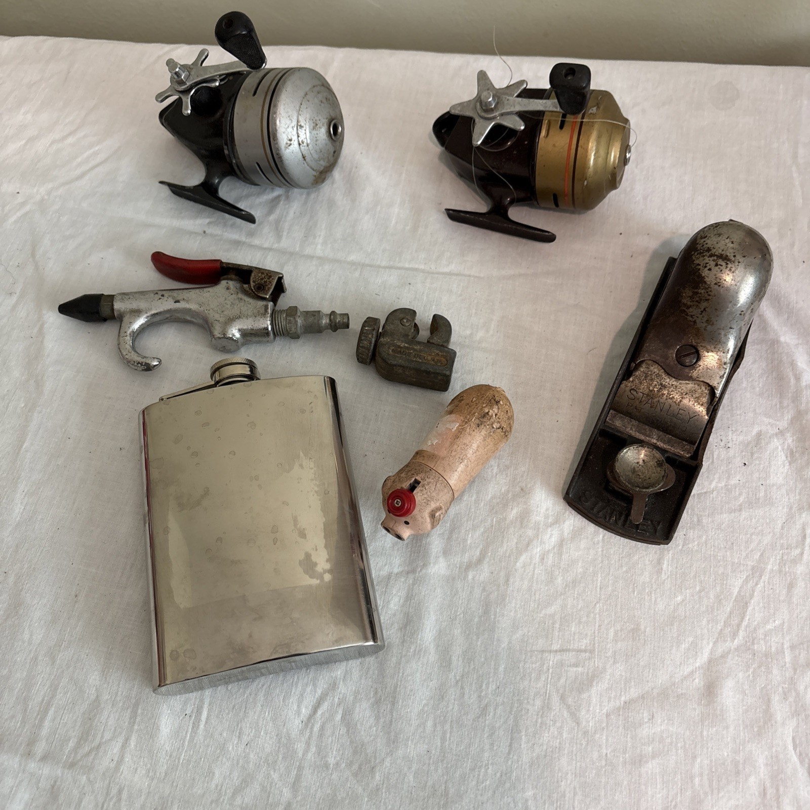 Vintage Tool Chest Junk Drawer Lot tubing Cutter, Stanley Plane, Lighter, Reels