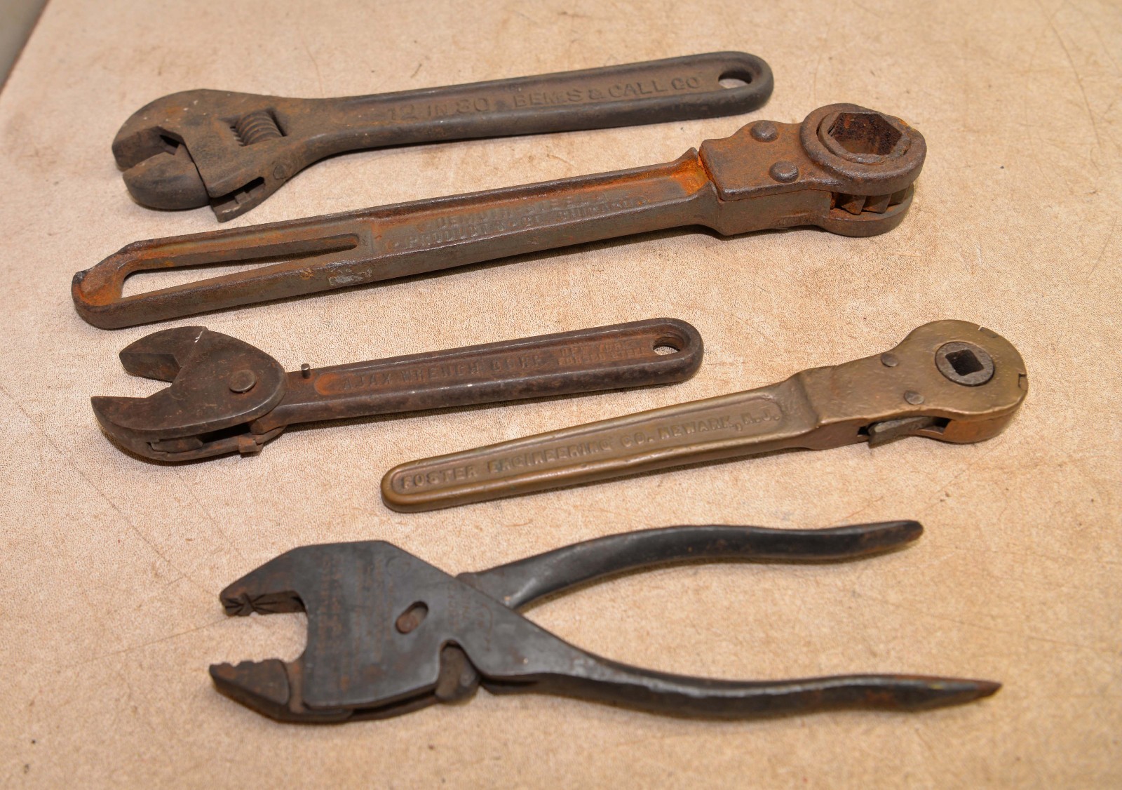 Antique wrench lot Demuth Silo Ajax Foster brass Eifel plier B & C tool lot